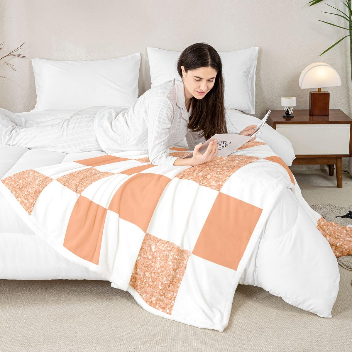 Homewish Orange Glitzer Kariert Wohndecke 229x229cm