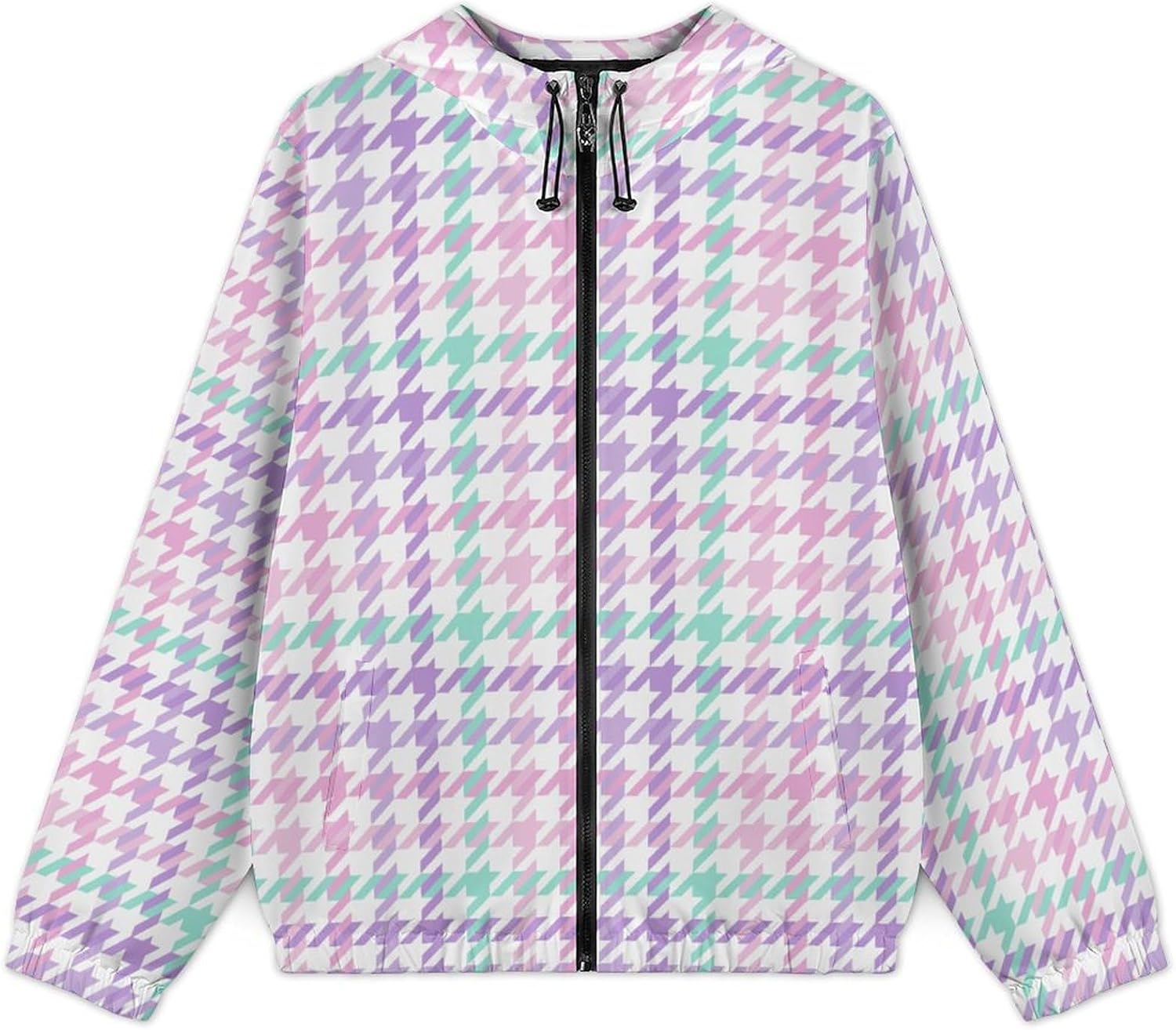 Houndstooth Green Men's Windbreaker Jacket Lightweight Hooded Windbreaker Coat with Pockets