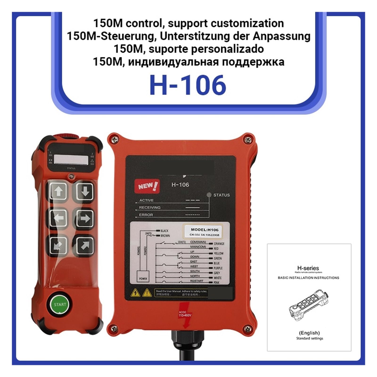 Controllo Telecomando alla Gru Wireless, Radiocomando Industriale Controller Idraulico Singolo a 6 Pulsanti, Telecomando for paranco Elettrico for Gru Impermeabile(2T 1R,AC DC 110-460V)