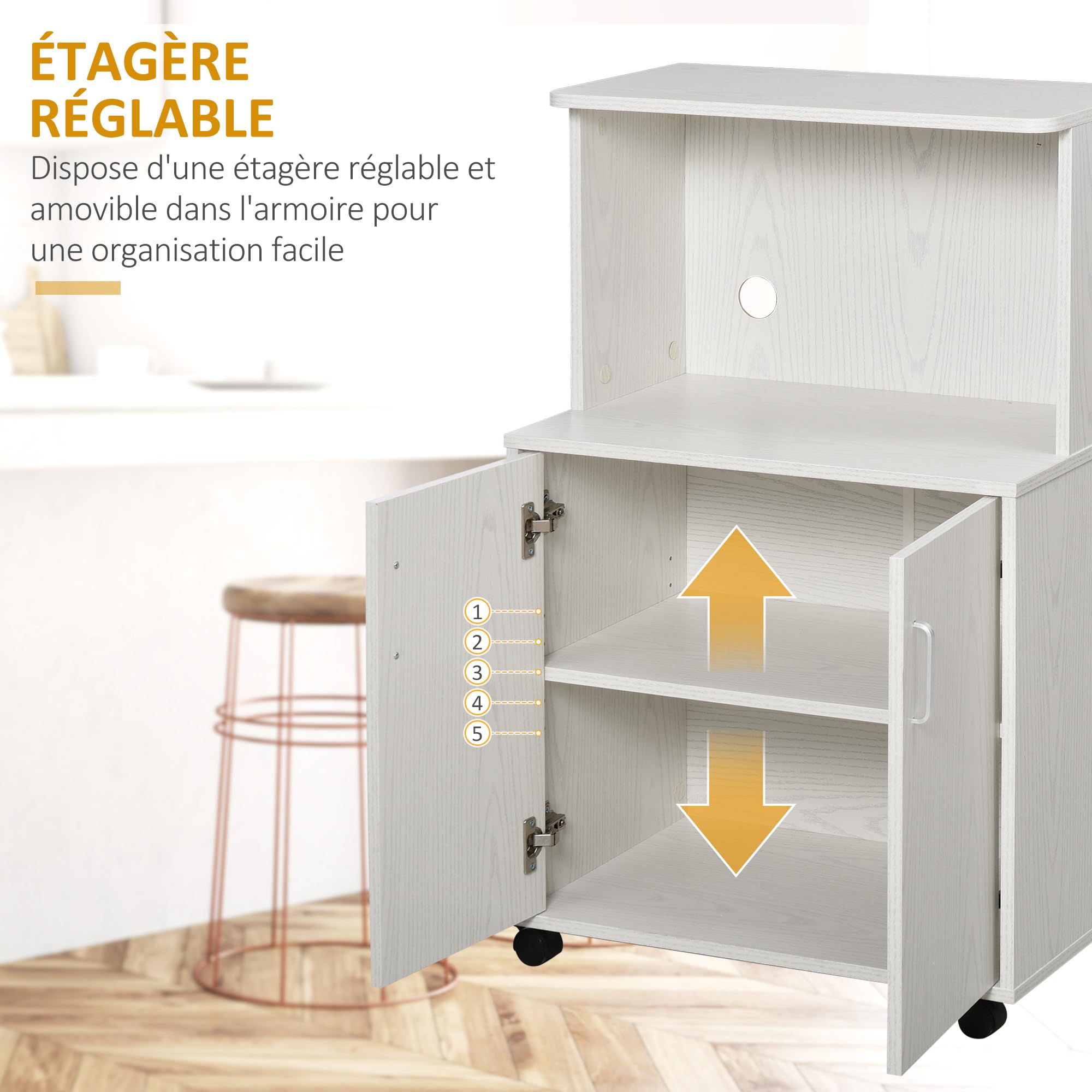 HOMCOM Mobile cucina, armadietto microonde, ruote bloccabili, bianco