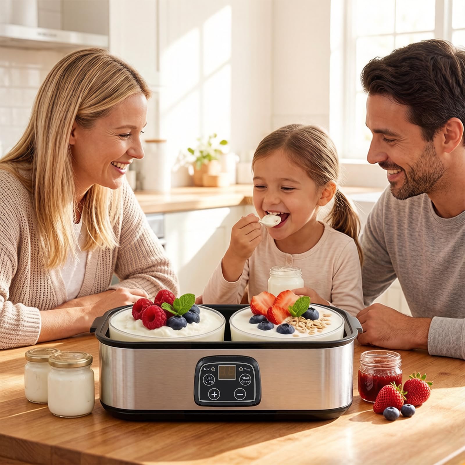Joghurtbereiter, 2000 ml Joghurtmaschine mit 2 Gläsern, Joghurt Maker mit Temperaturregelung und Timer, LCD-Display, Yogurt Maker Elektrisch für Griechischer Joghurt, Käse, Natto