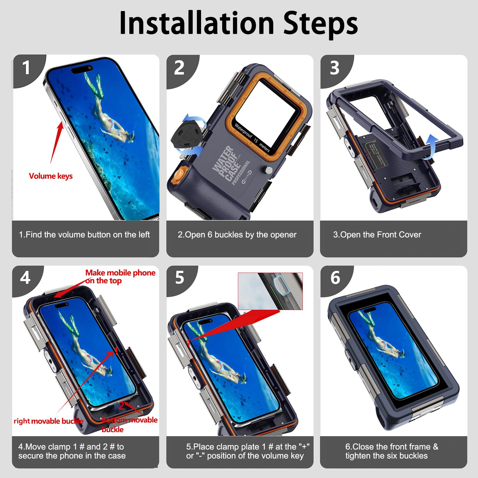 Unterwasser-Tauch-Handyhülle für iPhone 17/16/15/14/13 Pro Max, IP68, 15 m | 15 m tiefes Tauchen, stoßfest, staubdicht, mit Umhängeband, zum Schnorcheln, Tauchen, Schwimmen