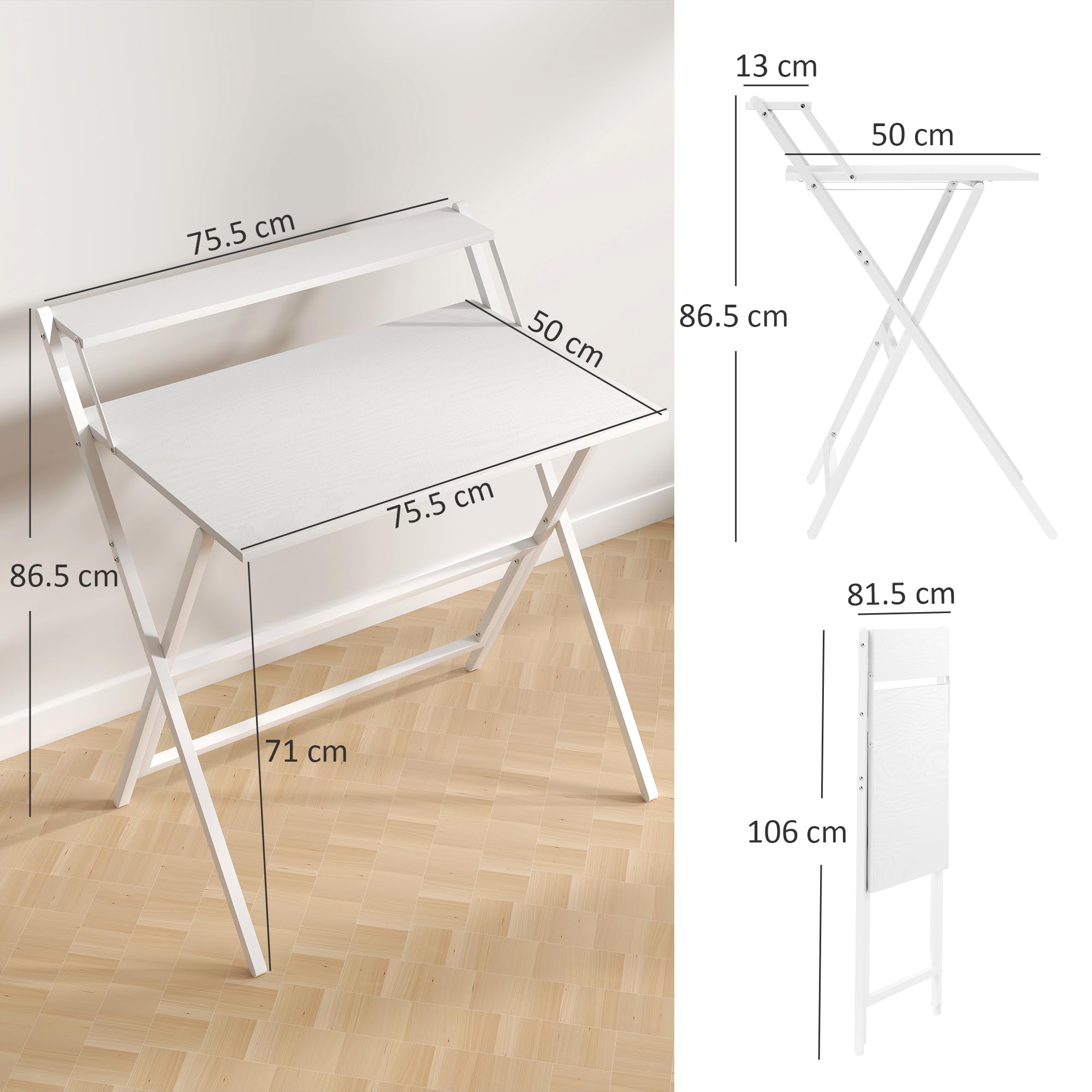 HOMCOM Scrivania Salvaspazio Pieghevole 81.5x62x86.5 cm Bianco | Con Ripiano per Monitor, Tavolo per Computer Piccola, Richiudibile, da Ufficio e Studio, in Acciaio