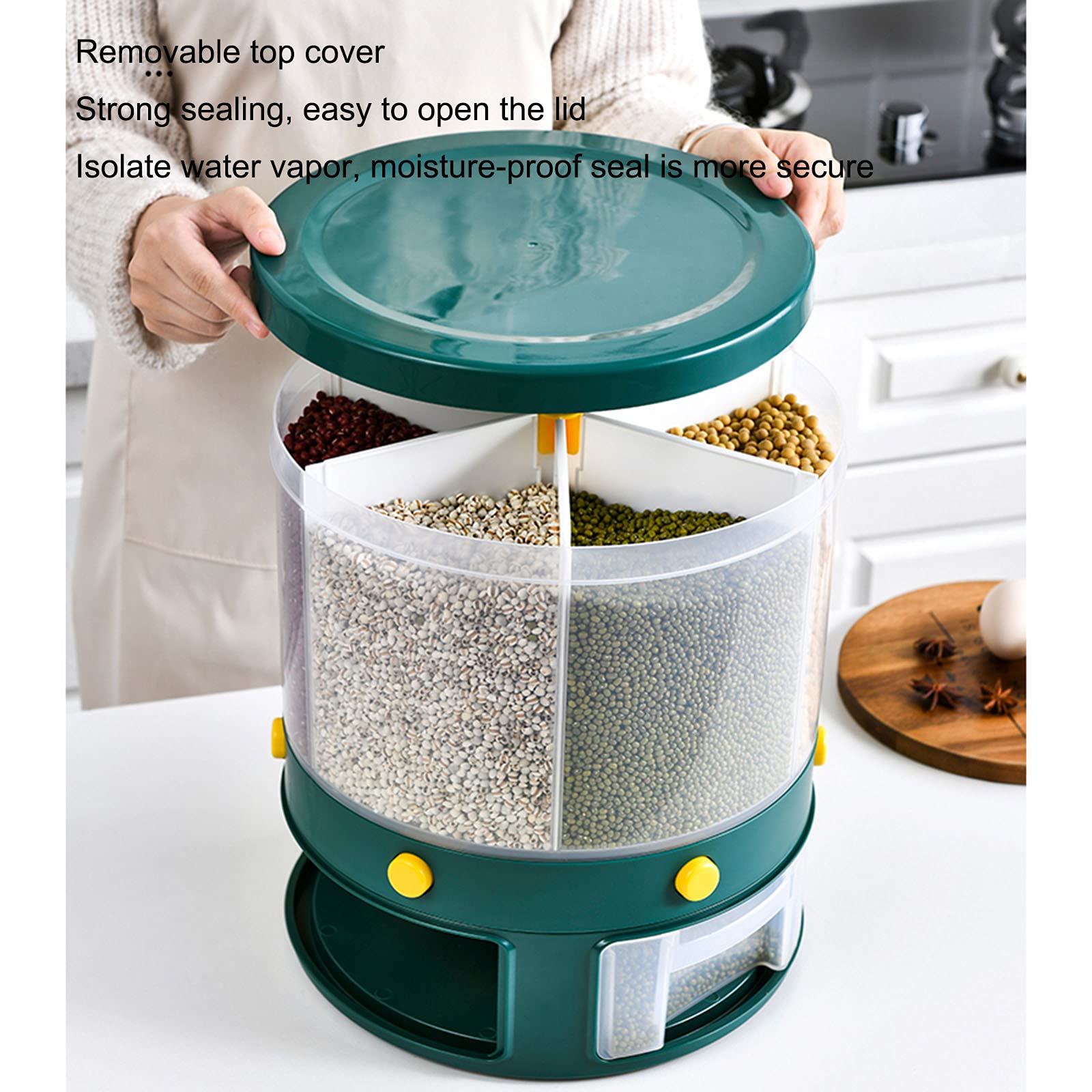 Seau à Riz Rotatif 6 Compartiments - Distributeur De Nourriture, Rangement Compact, Pour Riz, Pâtes, Céréales - 2