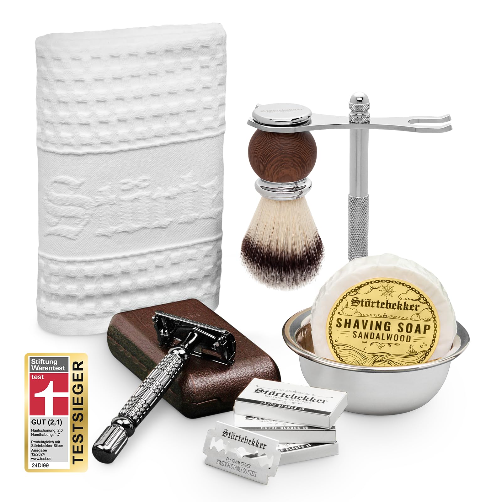 Störtebekker® Premium Genießer Set - Hochwertiges Rasierset für eine perfekte Rasur - inkl. Rasierhobel, Rasierpinsel, Rasierseife Sandelholz, Rasierschale, Rasierständer, Rasiertuch - Geschenkidee