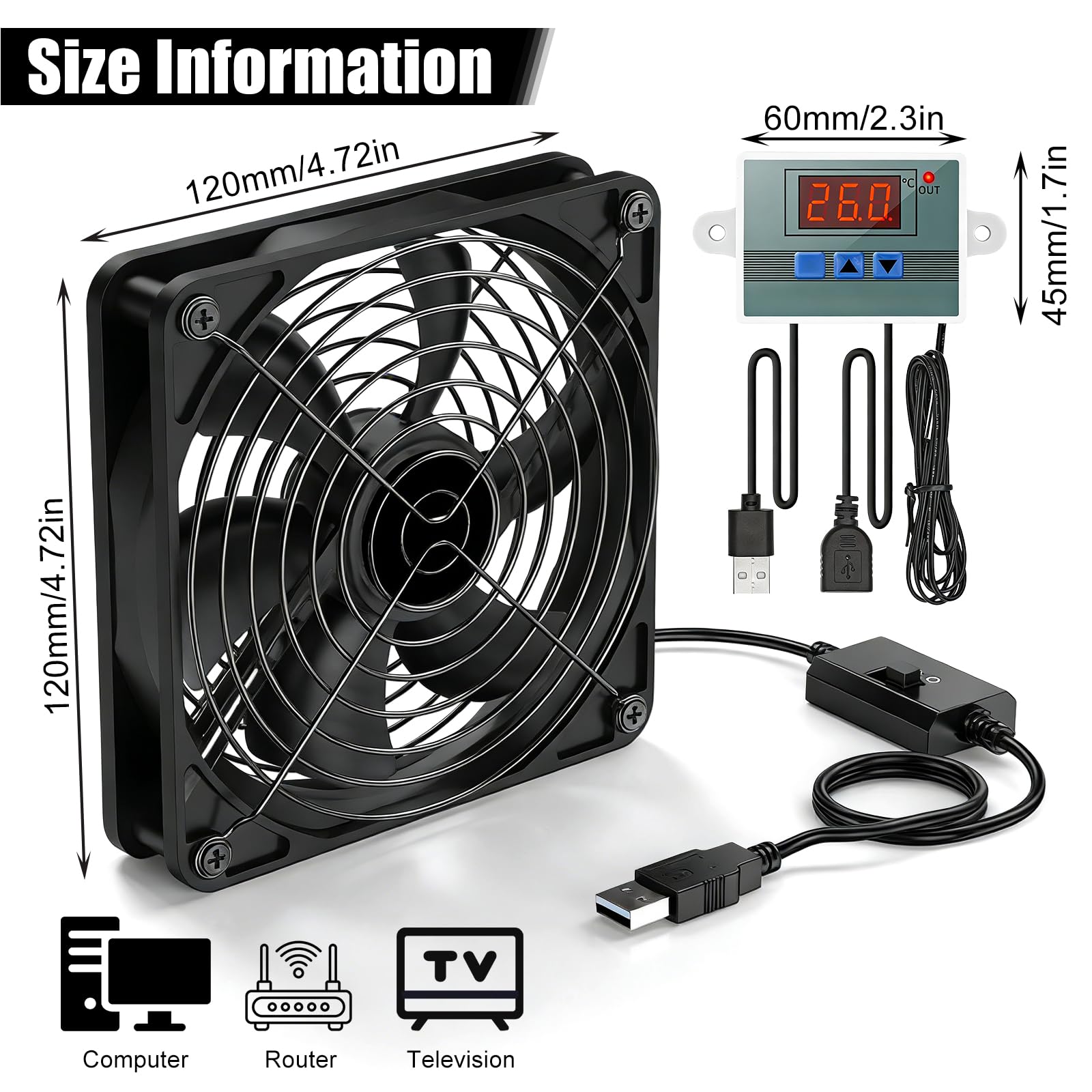 Wentylator 140 mm, do kina domowego z cyfrowym regulatorem temperatury, wentylator USB, wentylator 5 V z 3 regulowanymi prędkościami, wentylator chłodzący do kina domowego, AV, szafy, szafki na