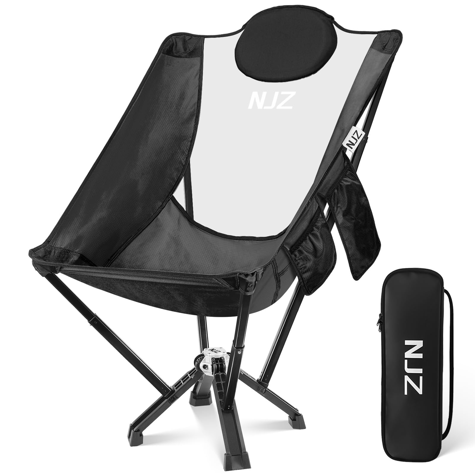 NJZ High Back Camping Chair,Outdoor Aluminum Comfortable Chair for 600 LBS Capacity Oversized Camping Chair with Comfortable Backrest & Headrest, Quick Setup - Compact Folding Chair(Black)