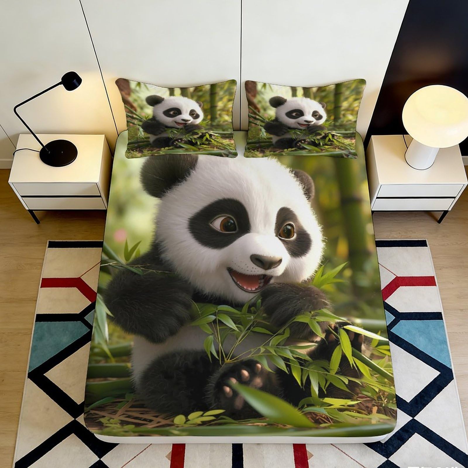 3D Printed Panda Forest Fitted Sheet Microfiber Soft Anti-Slip Bamboo Bed Cover for Bedroom Guest Room Decor 90x200x25cm