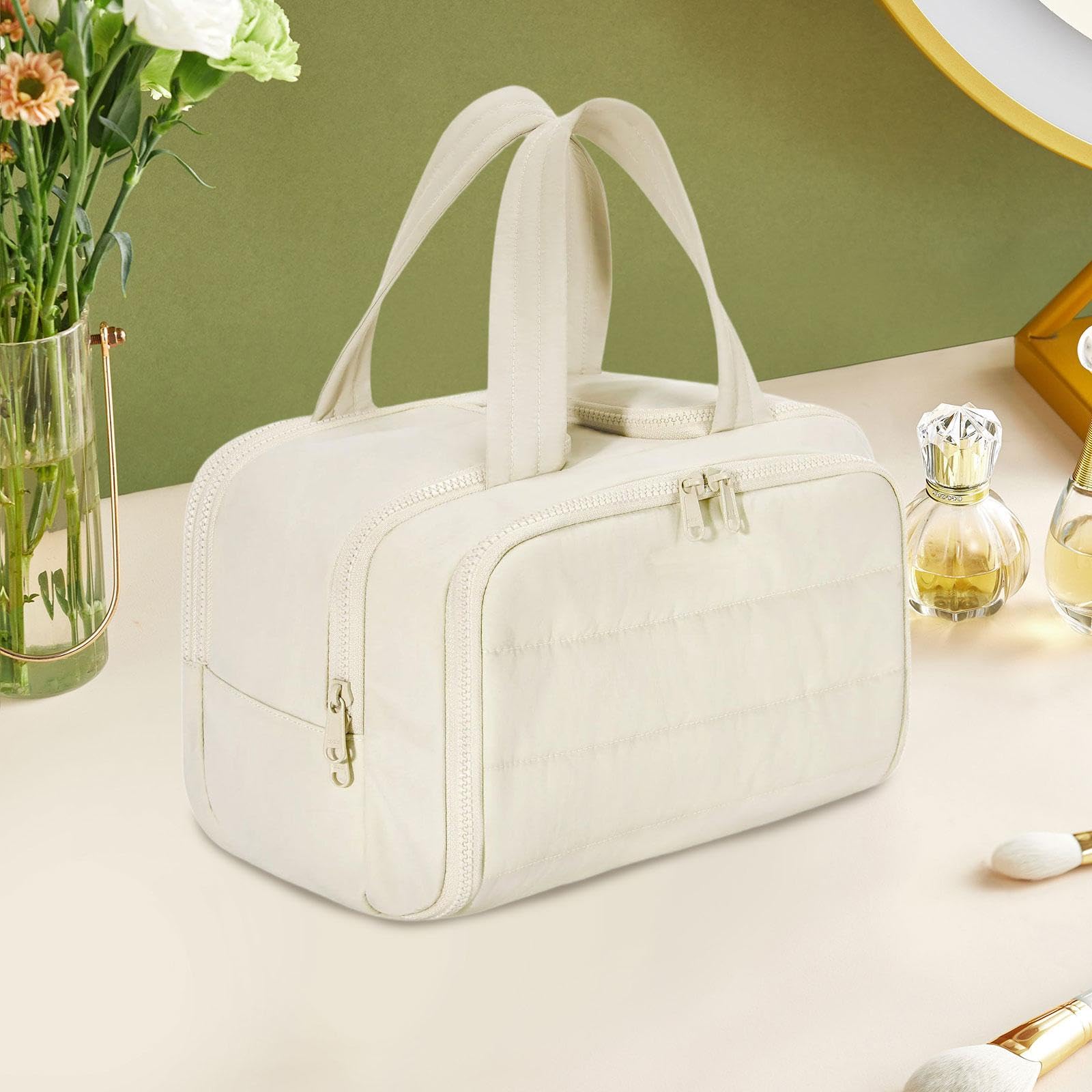 Generic Borsa da Toilette da Viaggio con Chiusura Lampo Organizer Cosmetici per Accessori da Bagno Beauty Case Appeso Donna Uomo Pratica Pochette Trucco, Beige
