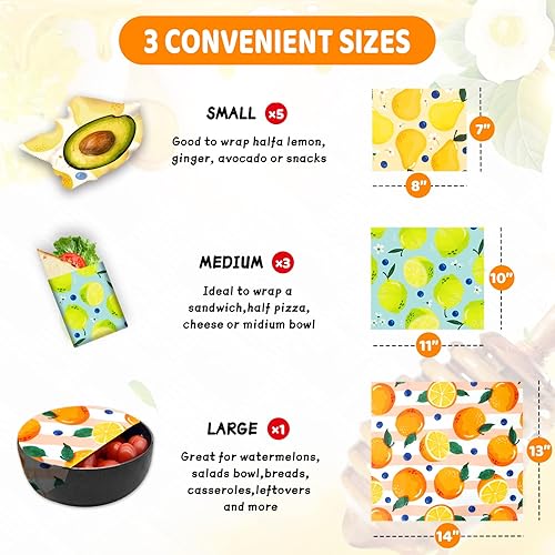 Miniatura 3 de Envoltura de cera de abeja reutilizable, paquete de 9, envolturas de cera de abeja para alimentos, envoltura de alimentos ecológica de cera de