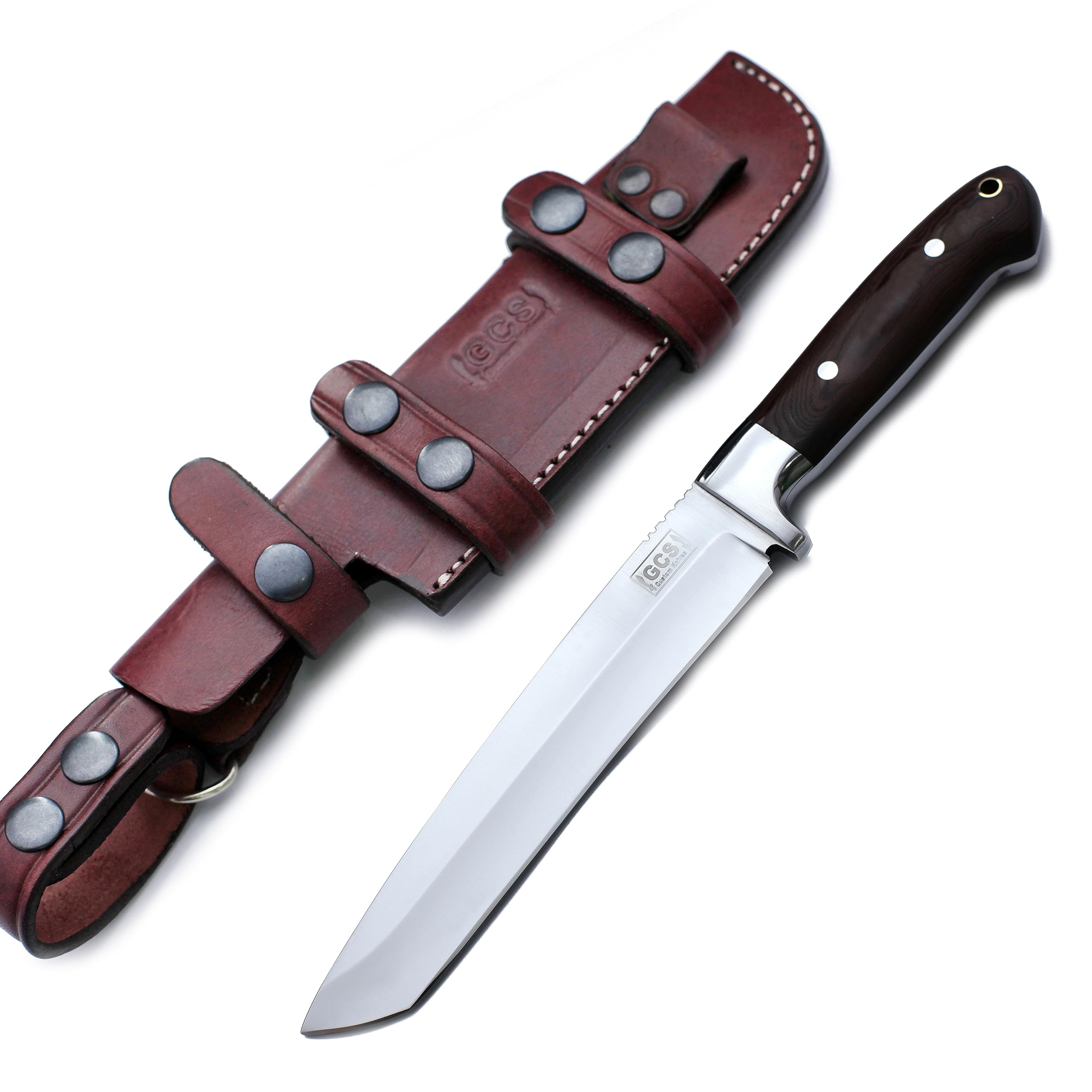 GCS Handmade Outdoor Tanto Knife with Black G10 Handle D2 Tool Steel - Extra Sharp Survival Tactical Hunting Fixed Blade Knife Cow Hide Sheath GCS215