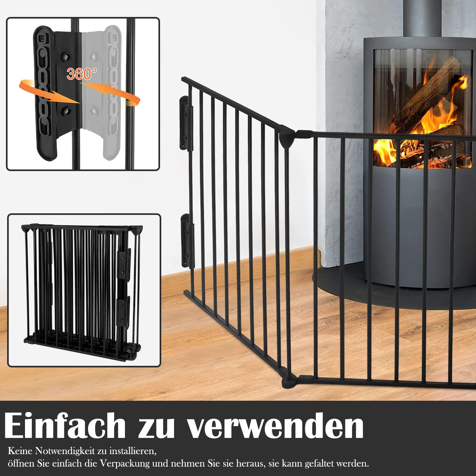 LILIIN Kaminschutzgitter mit Tür, 5 Elemente Absperrgitter Faltbar Ofenschutzgitter Kamin Schutzgitter ohne Bohren, für Kinder-Sicherung, 300 x60 x75cm, Schwarz