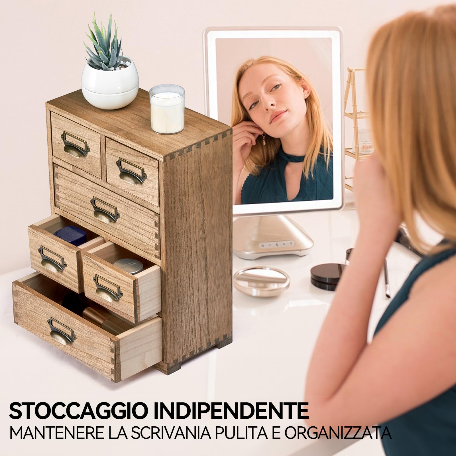 KIRIGEN Scatola di immagazzinaggio in legno massiccio Organizzatore per ufficio Organizzatore da scrivania, casa-ufficio Grande capacità giallo-marrone