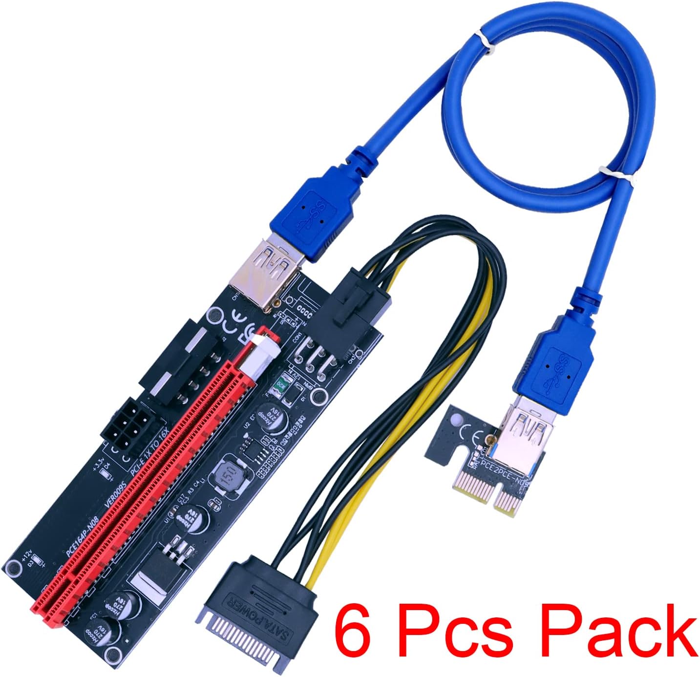 PCI-E Riser 009S GPU Riser Adapter Card PCIE X1 to X16 Extender PCI-Express Riser Cable for Bitcoin Litecoin ETH Coin Mining - 6 Pack
