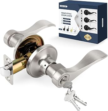 Wave Style Door Lever Keyed Entry Door Handle with Lock, Entrance Lever Reversible for Left/Right Handed for Office or Front Door with Satin Nickel Finish, 1 Pack