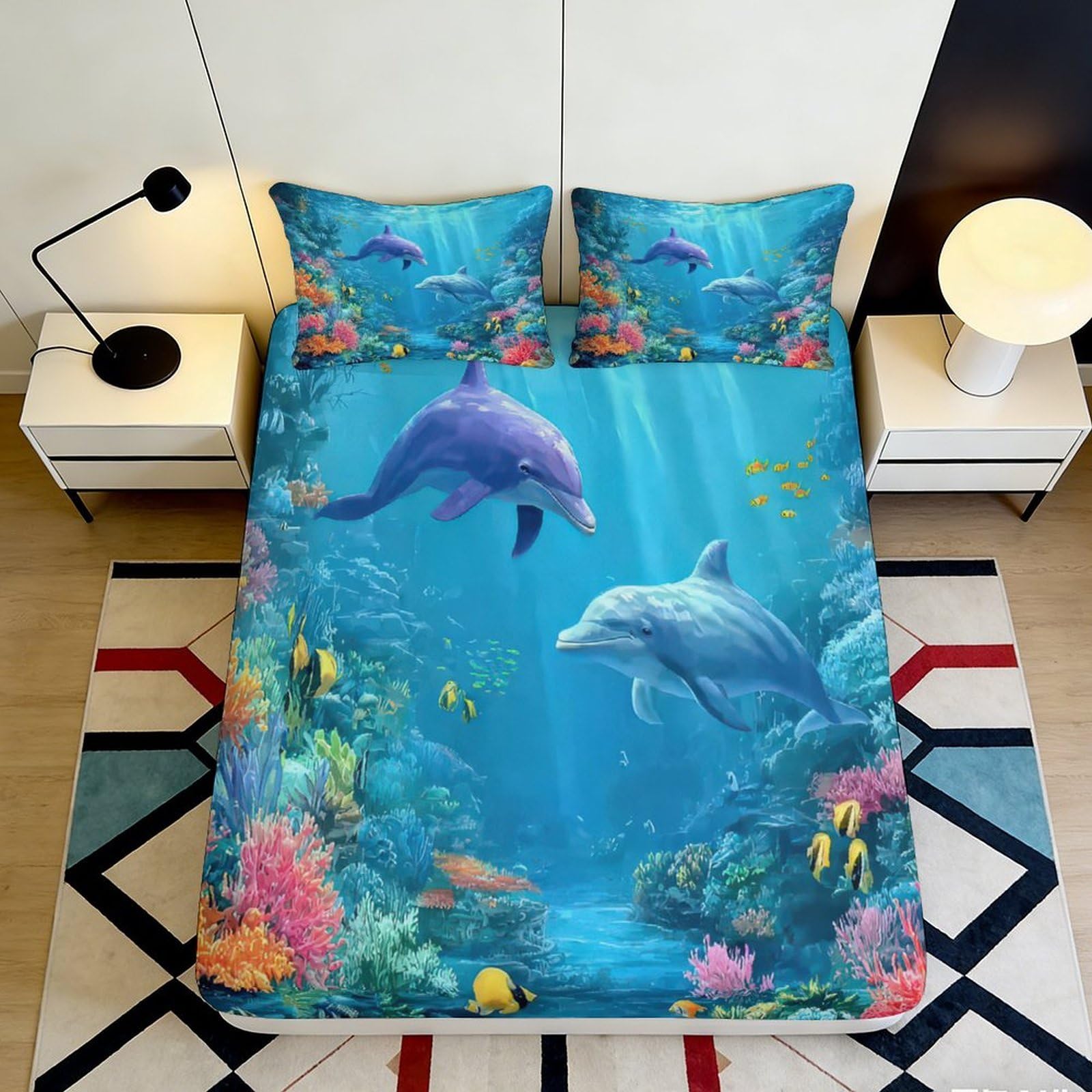 3D Printed Ocean Dolphin Fitted Sheet Microfiber Soft Underwater Coral Bed Cover for Bedroom Guest Room Decor 90x200x25cm