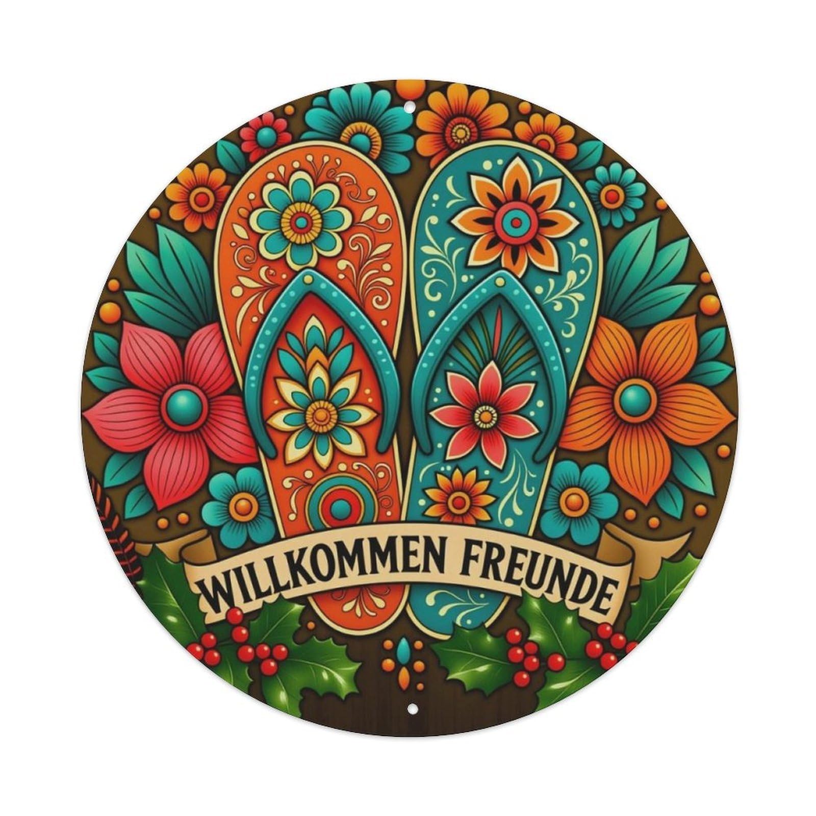German Floral Flip Flops Willkommen Freunde Round Tin Sign Vintage Aluminium Metal Sign, Retro Wall Decor for Home, Bar, Garage & Farmhouse 20x20cm