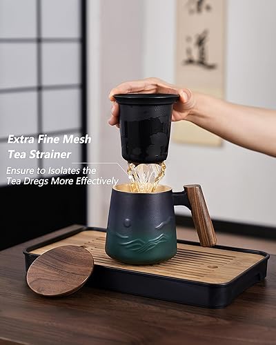 Miniatura 10 de ZENS Taza de té con infusor y tapa, taza de té de cerámica con mango de palisandro, taza de té de hojas sueltas de 15.2 onzas para regalos, negro y