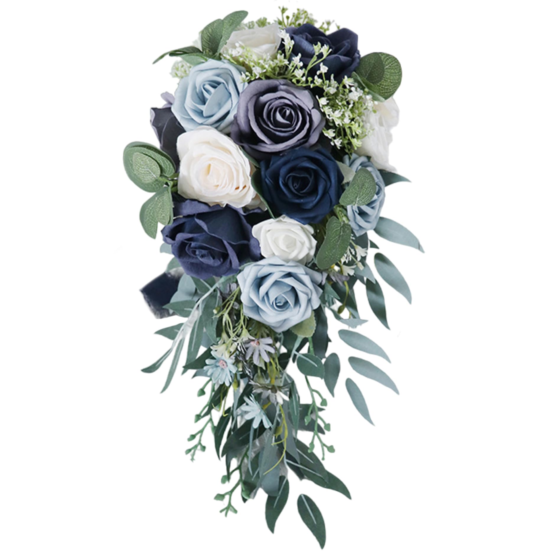 Bouquets de mariée cascade anti-flétrissement à roses bleues église