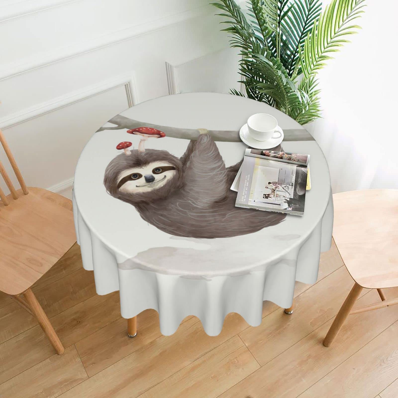 Lawenp Sloth with Mushrooms Decorative Round Table Cloths - 60 Inches in Diameter for Buffet Tables, Parties, Holiday Dinners.
