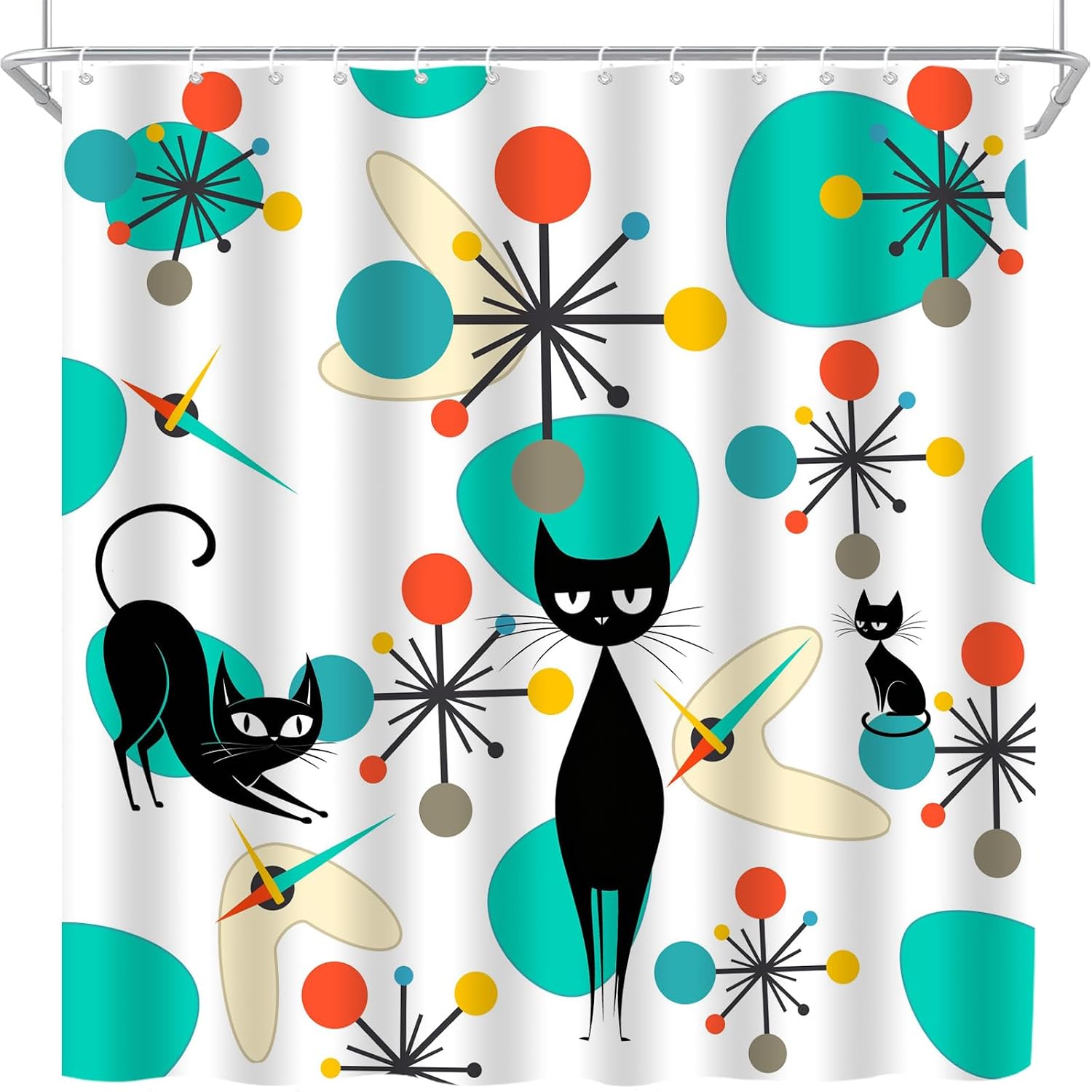 Mid Century Black Cat Shower Curtain Modern Atomic Abstract Geometric Iconic Pattern Retro Black Kitty Animal 1950s 1960s Vintage Funny Teal Fabric Bathroom Curtain Set with Hook
