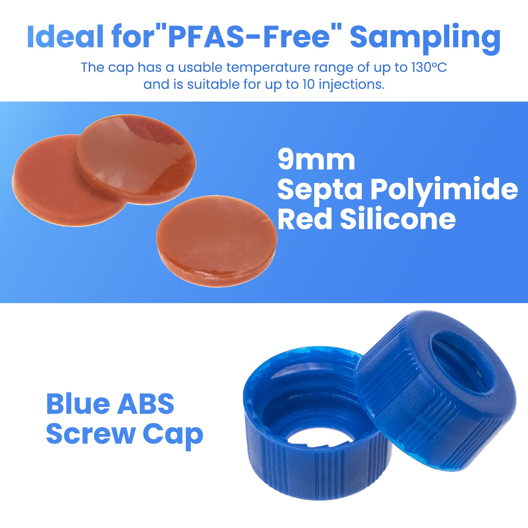 ALWSCI 2mL 9-425 PP vials per autocampionatori con graduazione. Tappo a vite a nervatura con septa da 9 mm in poliimmide/silicone rosso di 1 mm di spessore. 100pz/pz.