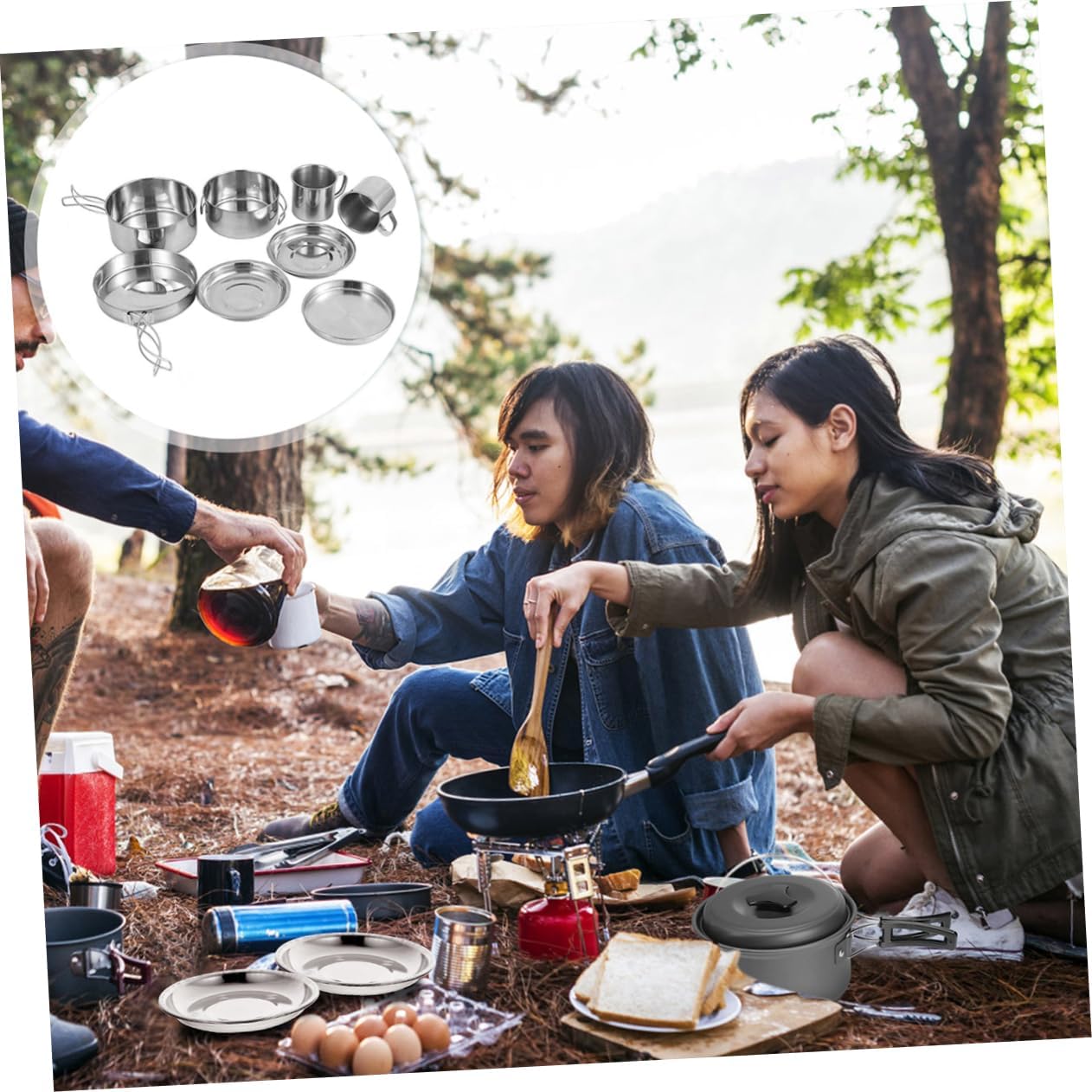 LIOOBO Camping Cooking Set Lightweight Pan Stainless Steel Pot Set for Outdoor Home Use