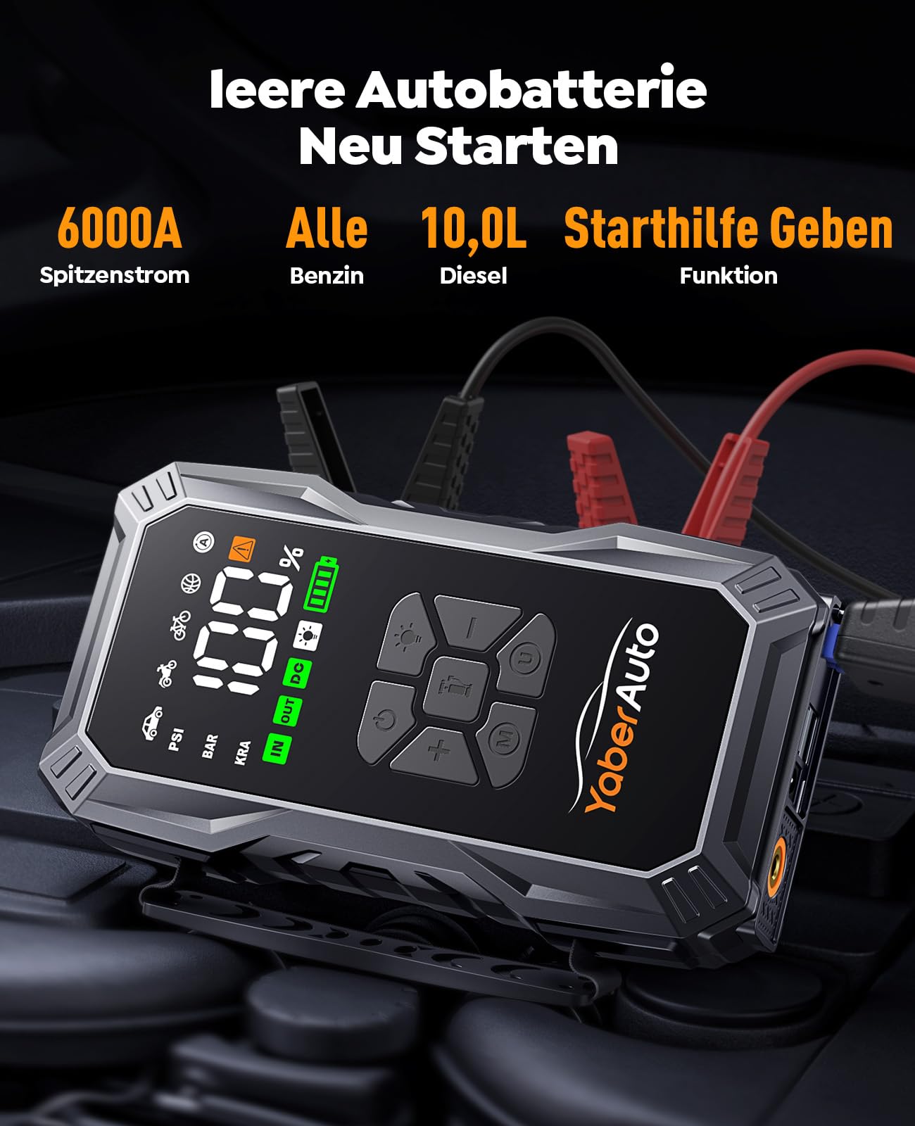 YaberAuto Starthilfe Powerbank mit Kompressor, 150PSI 6000A Auto Starthilfe, 23800mAh Starthilfe Powerbank, Jump Starter (All Benzin und 10.0L Dieselmotor) mit LCD Bildschirm und 500 Lumen Notlicht