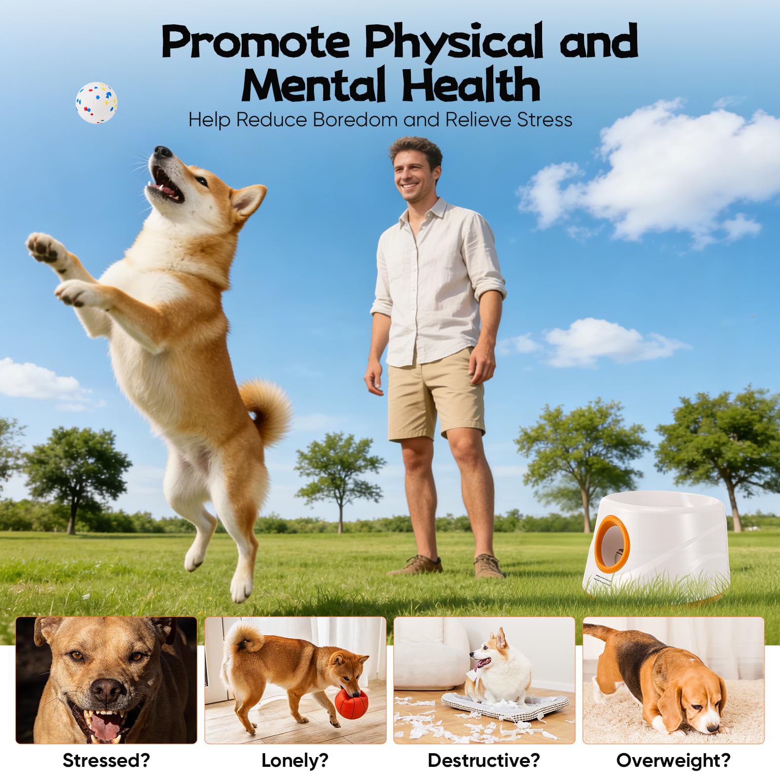 Máquina lanzadora de pelotas para perros con 3 distancias (6 m-14 m), incluye 3 pelotas de tenis robustas, lanzador de pelotas para perros, lanzador de pelotas interactivo automático para perros