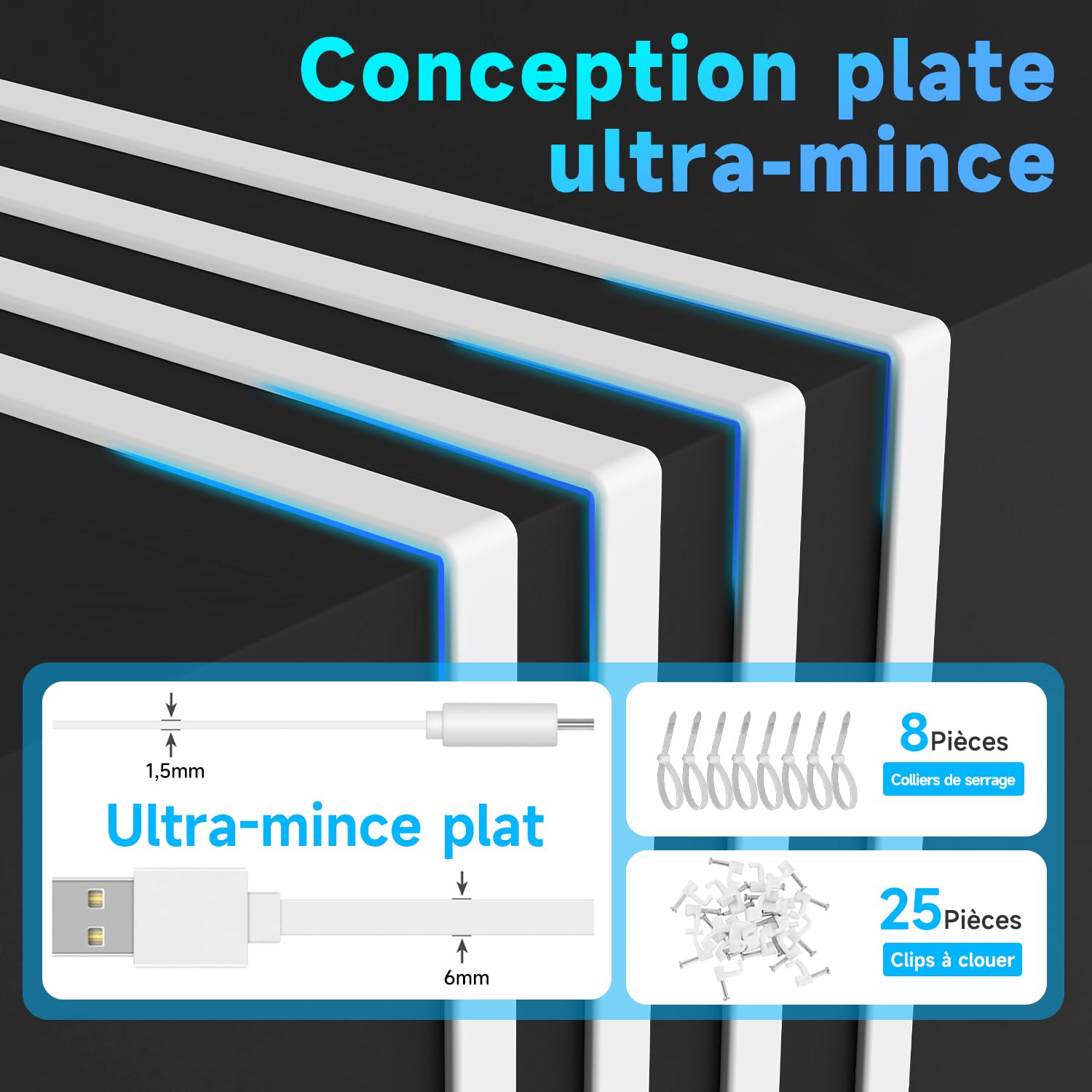 Câble d'extension d'alimentation plat de 5 m pour caméras de sécurité à domicile compatibles USB-C ou autres appareils (téléphone, manette Switch Pro, etc.), rallonge USB A vers type C pour
