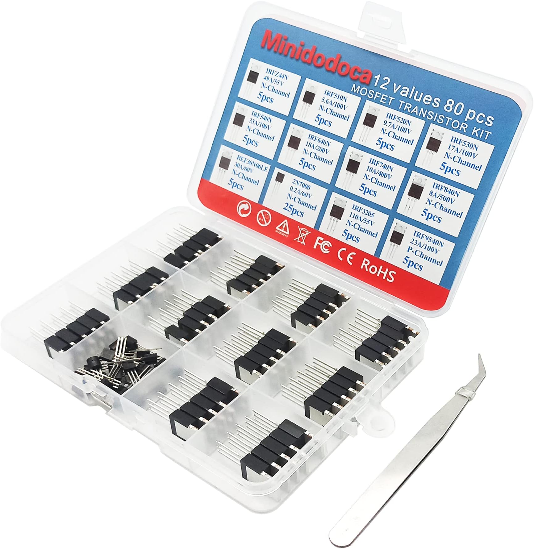 12 Values 80 Pcs Logic Level P&NMOS Kit MOSFET Transistor Assortment Kit N&P Channel MOSFET IRFZ44N IRF510N IRF530N IRF530N IRF540N IRF640N IRF740 IRF840 RFP30N06LE 2N7000 IRF3205 IRF9540