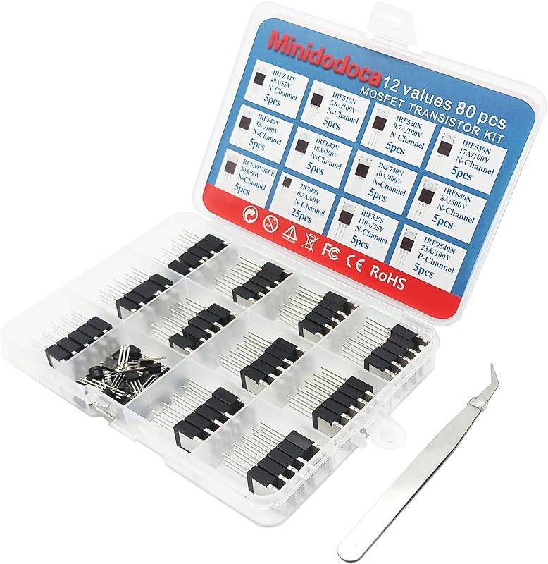12 Values 80 Pcs MOSFET Transistor Assortment Kit N&P Channel MOSFET IRFZ44N IRF510N IRF530N IRF530N IRF540N IRF640N IRF740 IRF840 RFP30N06LE 2N7000 IRF3205 IRF9540 Logic Level P&NMOS Kit