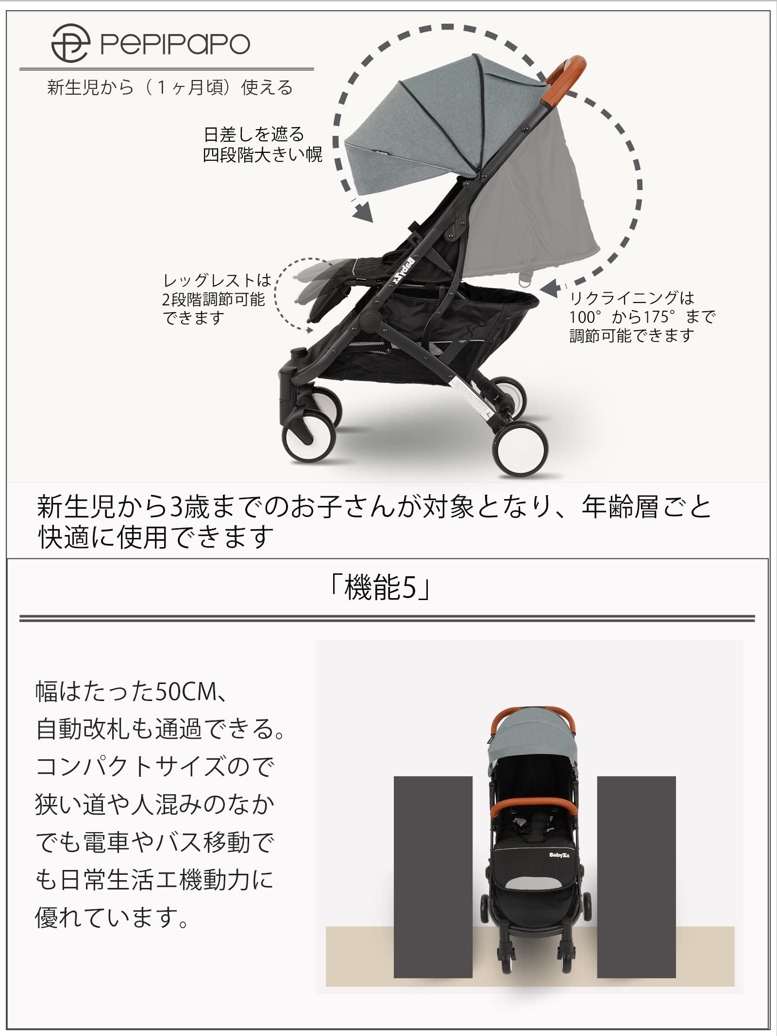 Amazon.co.jp: PEPIPAPO 軽量ベビーカー,コンパクト b型 新生児 