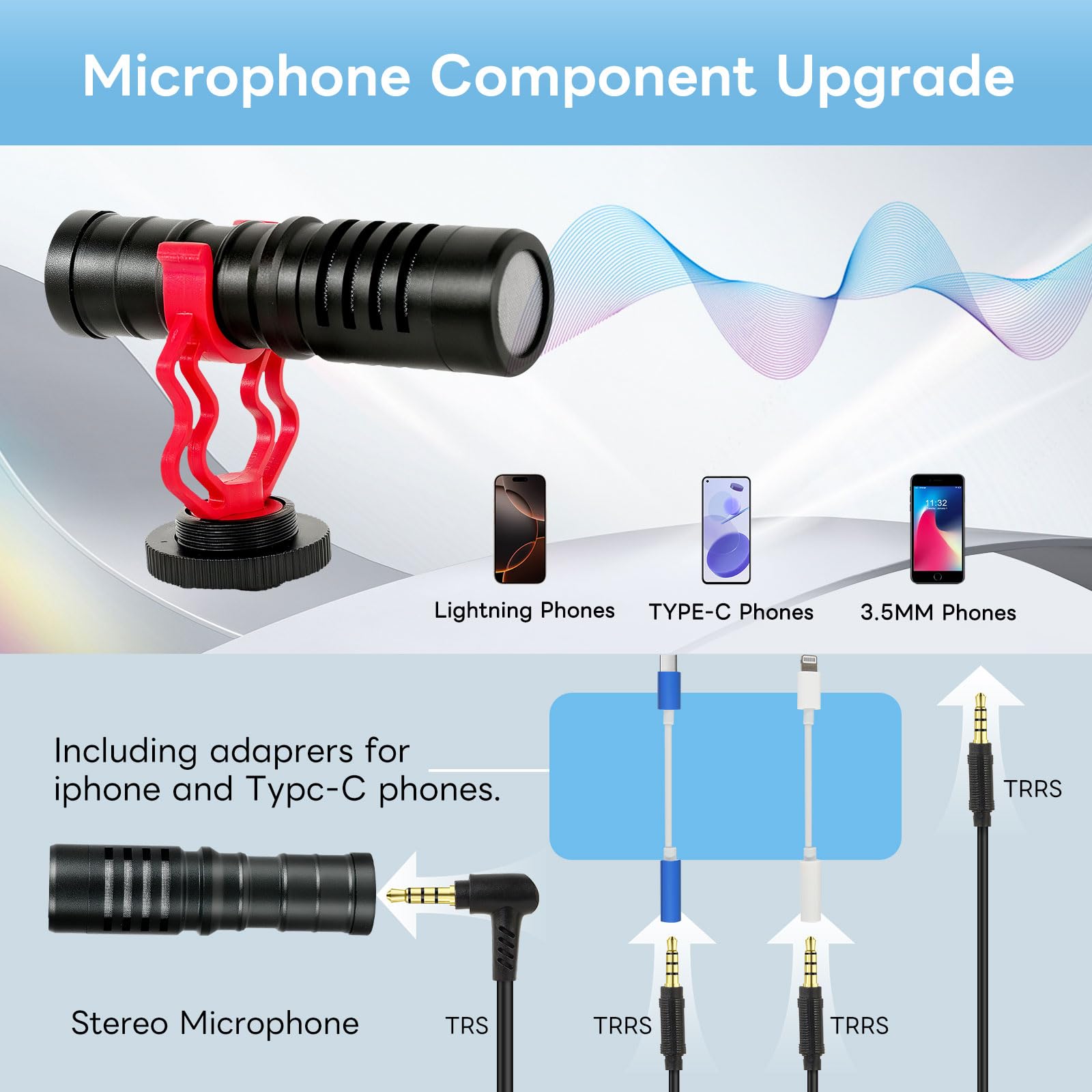 Kit per vlogging per iPhone e Android, compatibile con YouTube Starter Kit con luce LED ricaricabile + microfono + clip per telefono + treppiede in alluminio per Vlogging Instagram TikTok