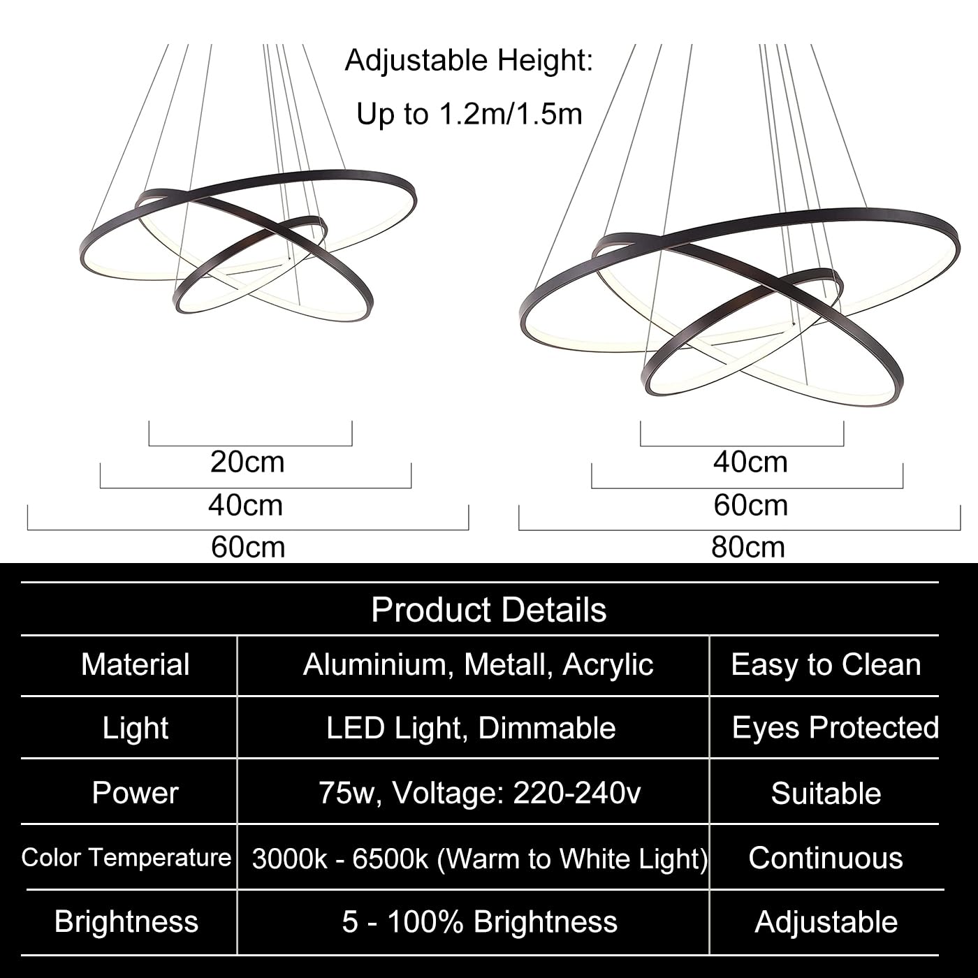 LED Hängeleuchte Dimmbar Pendelleuchte Schwarz Hängelampe mit Fernbedienung 115W, Moderne Ring Deckenleuchte Höhenverstellbar Hängeleuchte Wohnzimmer Esstisch Esszimmer Schlafzimmer 40+60+80cm