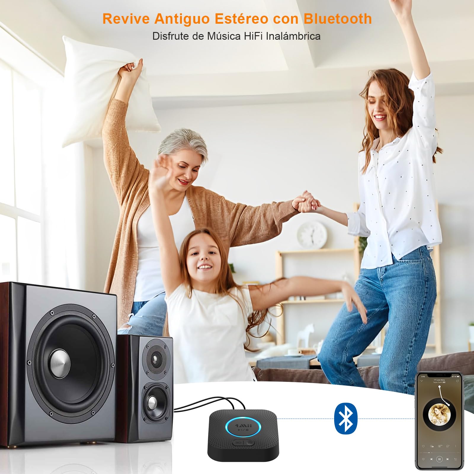 1Mii Receptor Bluetooth 5.3 HiFi, Adaptador Audio Inalámbrico, Salida RCA/AUX 3,5 mm Jack, 3D Surround Música para Estéreo Hogar, Amplificador, Largo Alcance 50m