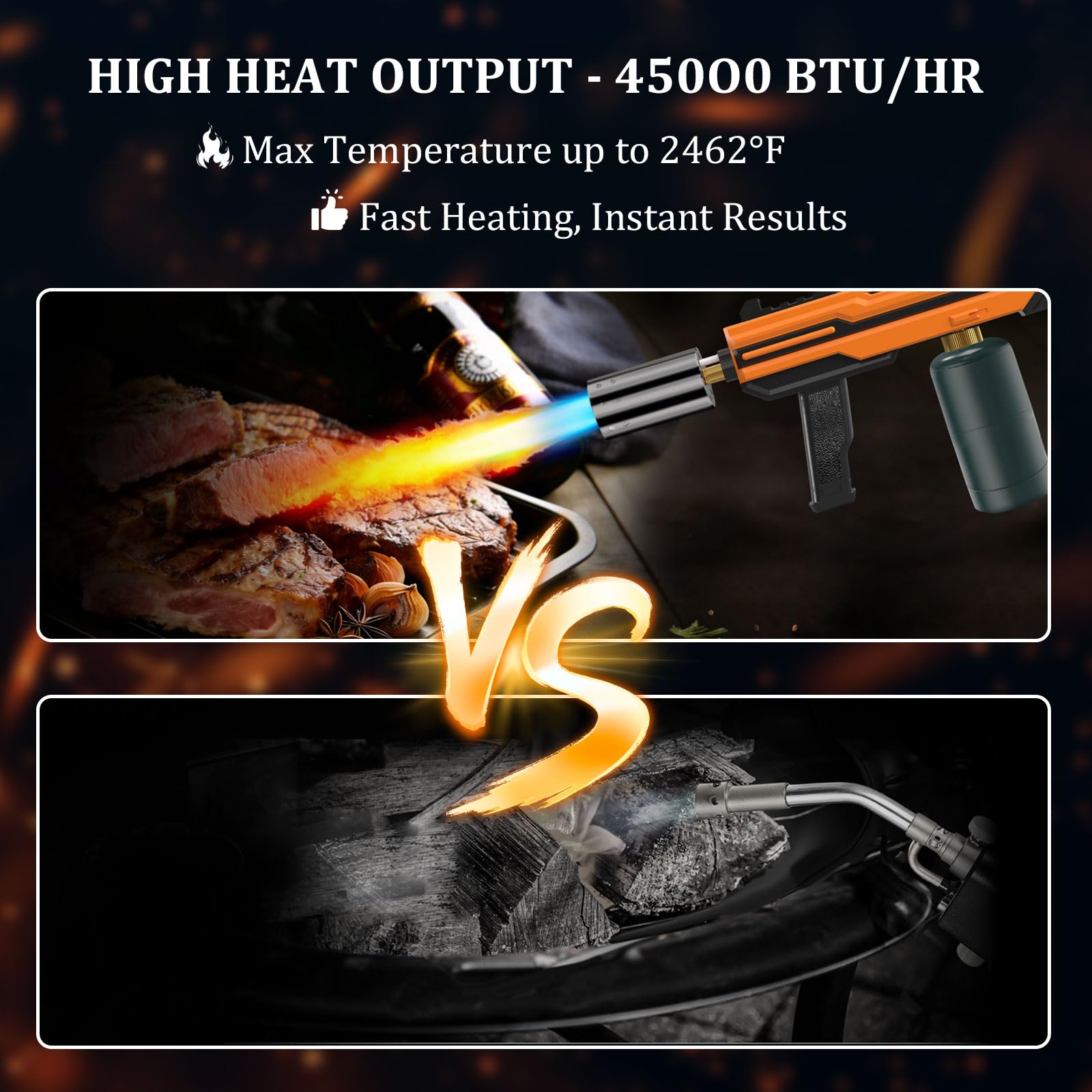 GL GLENSLAVE Potente pistola de gas propano para barbacoa, quemador de cocina con llama ajustable, quemador lanzallamas de cocina, kit de soldadura de gas para barbacoa, barbacoa, carne (naranja)