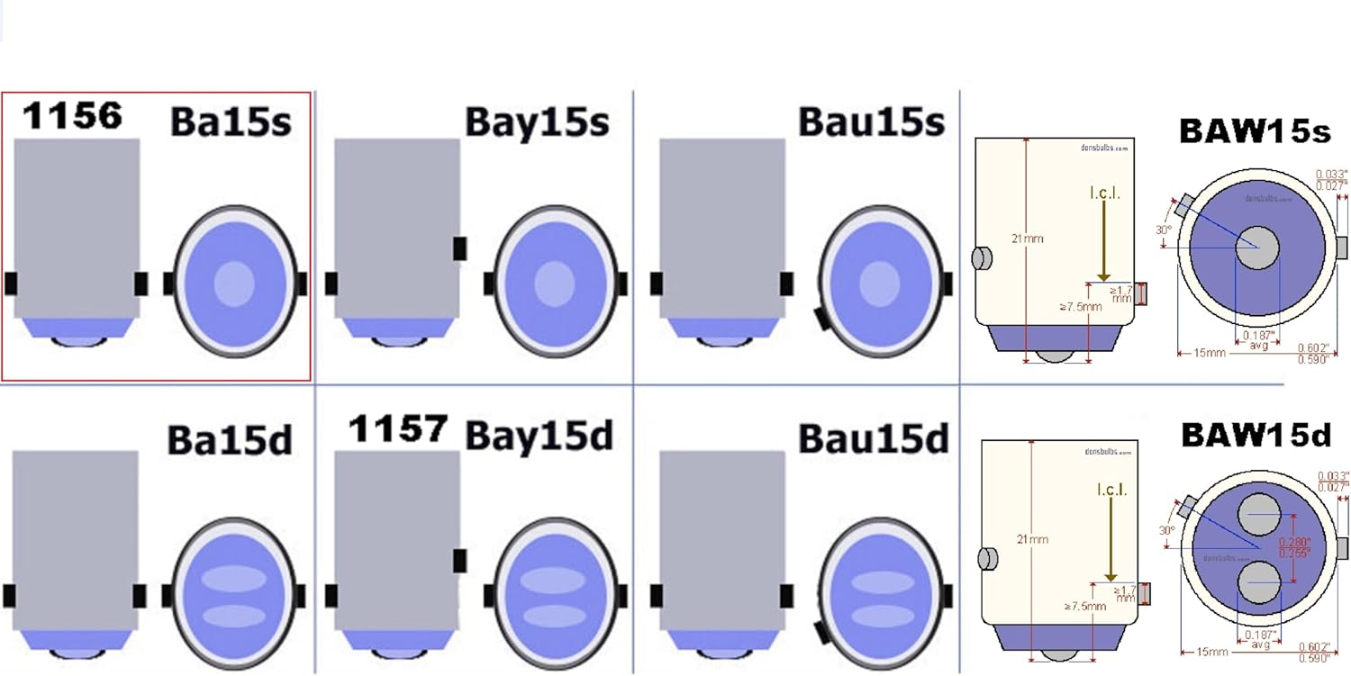 Diagram showing various automotive bulb base types including 1156 Ba15s