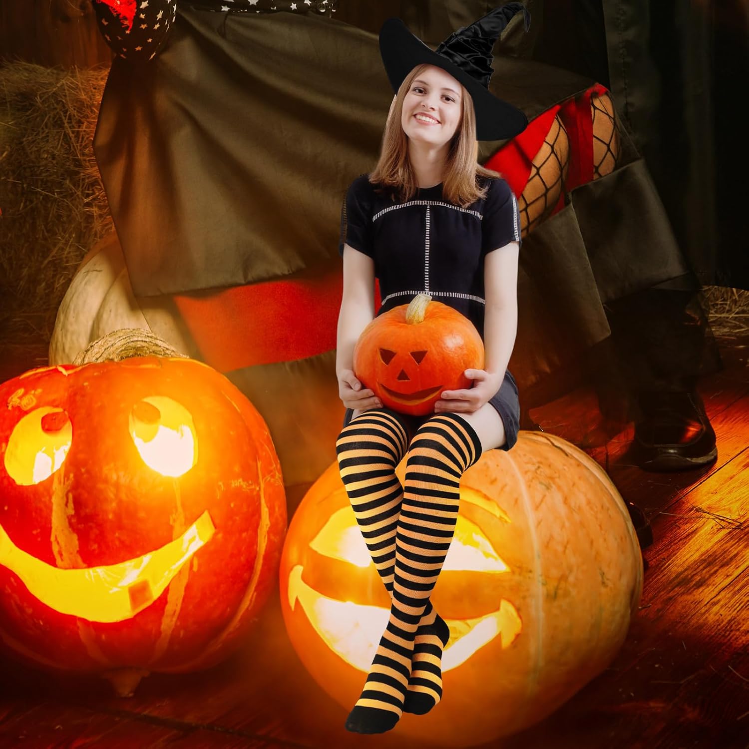 Jeyiour 6 Pcs Halloween Women's Witch Hat Black and 6 Pairs Long Striped Socks Over Knee Thigh High Socks Striped Stockings for Halloween Cosplay Party Favors Cosplay Costume