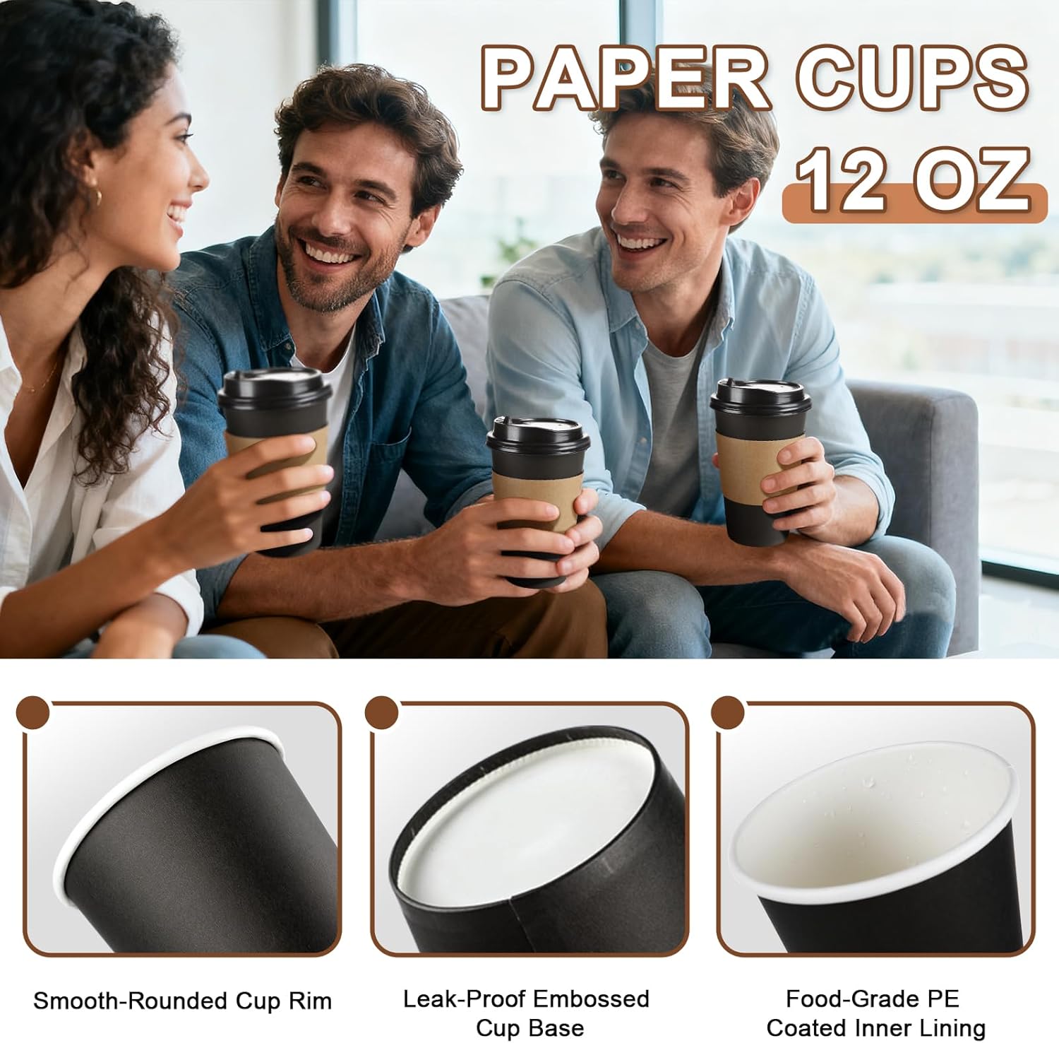 120 Pack 12 oz Paper Coffee Cups Set, Disposable Black Coffee Cups with Lids, Sleeves and Stirring Sticks, Fit For Cold and Hot Drinks - Image 3