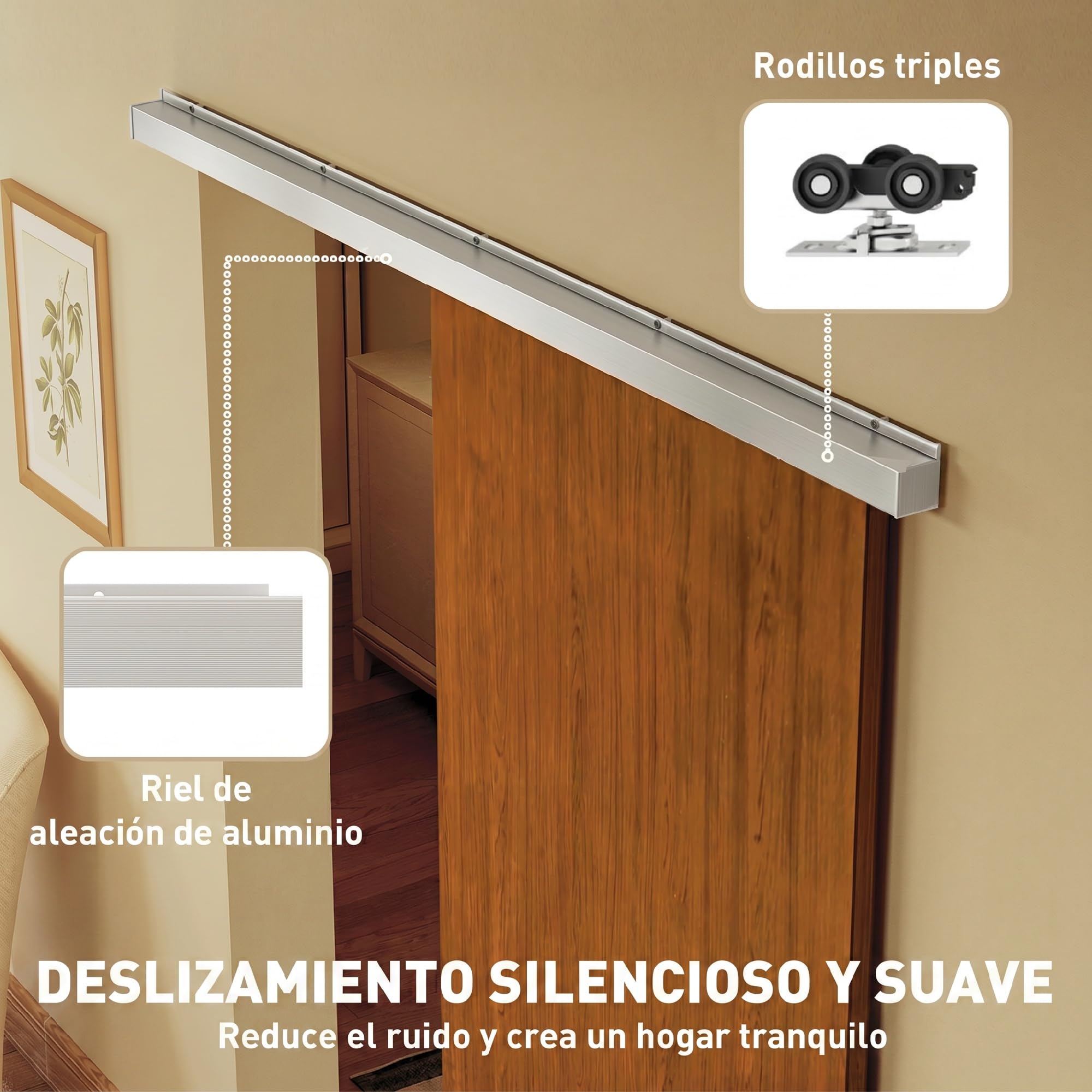 HOMCOM Puerta Corredera con Herrajes 90x210 cm, Puerta Corredera Interior con Rodillo, Riel de Aluminio, Guía de Suelo, para Baño, Salón, Sala de Estar, Marrón
