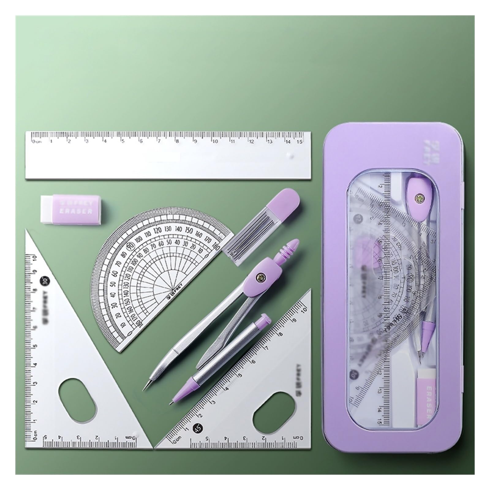 Compás de acero inoxidable y juego de geometría de 7 piezas para dibujo escolar y matemático