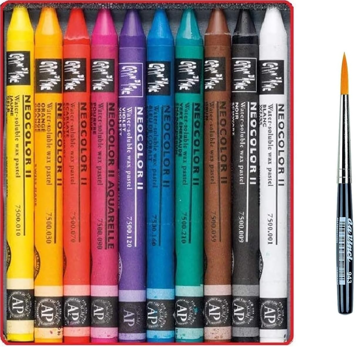 Caran d'Ache Neocolor II, Pasteles de cera acuarelables, Lápices de cera Aquarellables - Juego de 10 y 1 pinceles