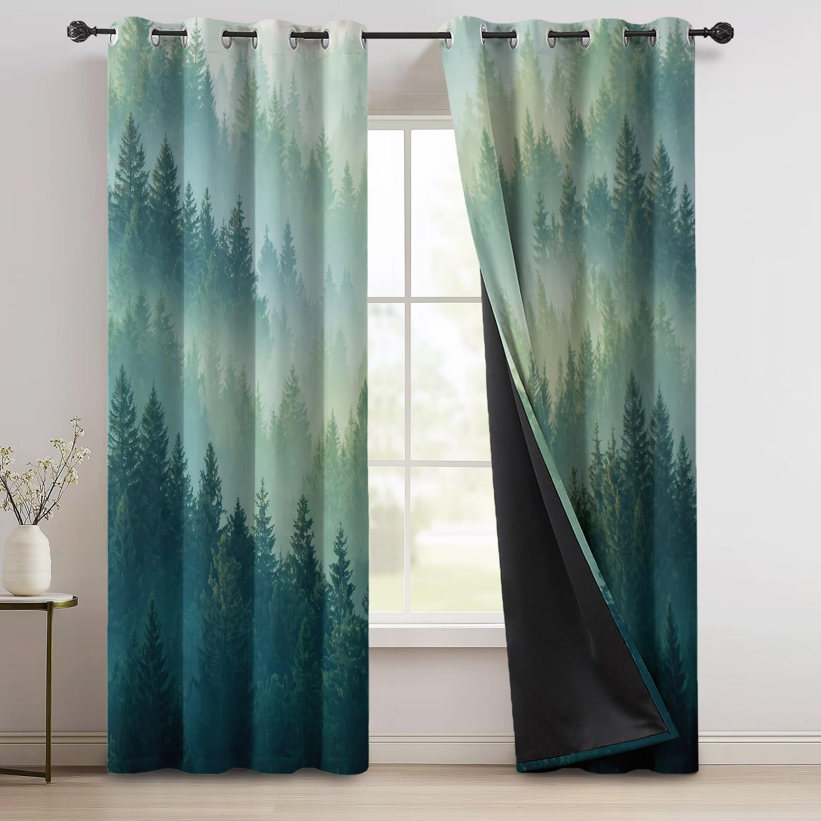 Cortina occultante escandinava Nature, juego de 2 cortinas opacas térmicas, aislantes con ojales, diseño de pinos, bosques, montañas, color verde, gris, decoración de dormitorio, salón, ventana, 140 x