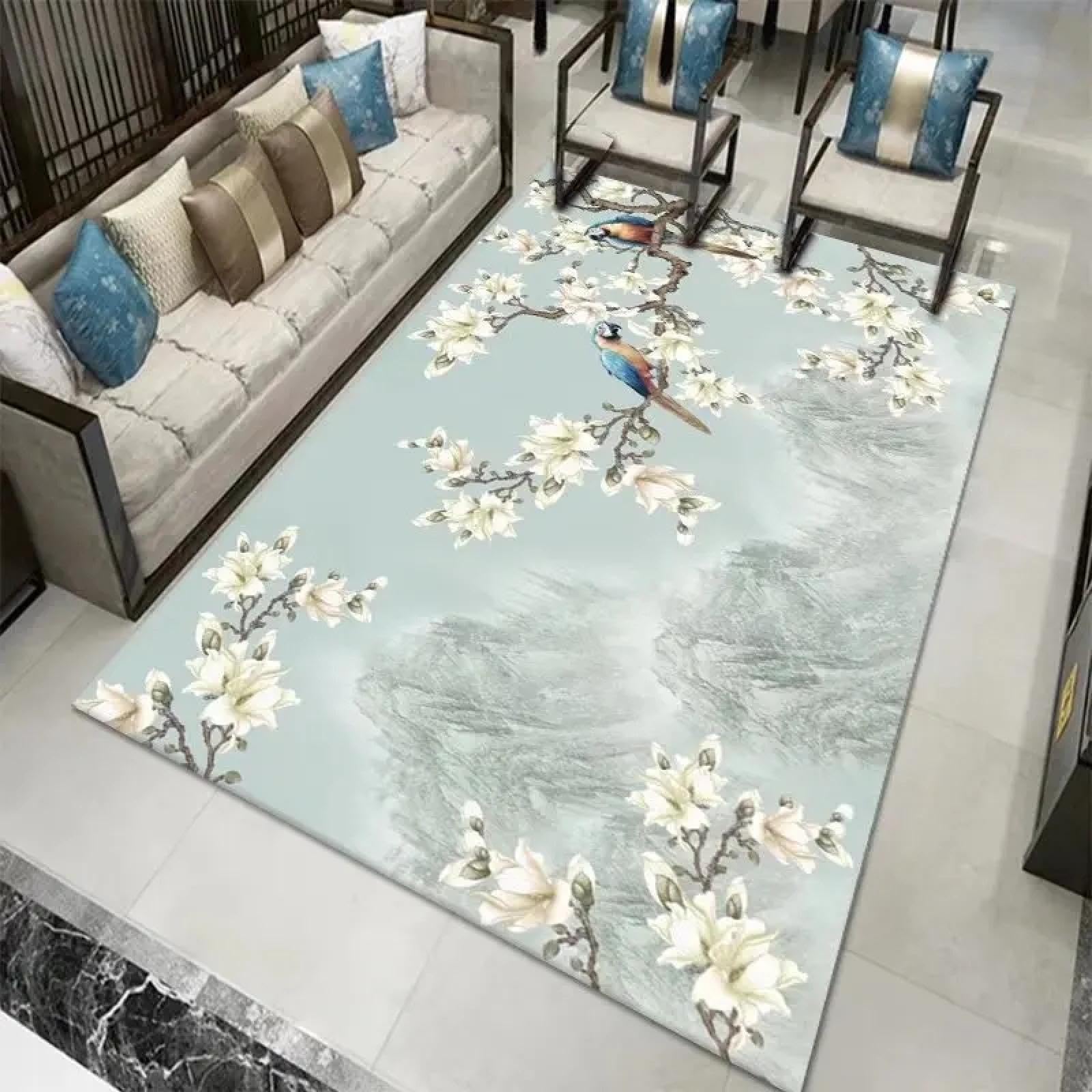 Tapis de salon antidérapant grand format 120x180cm avec motif floral chic