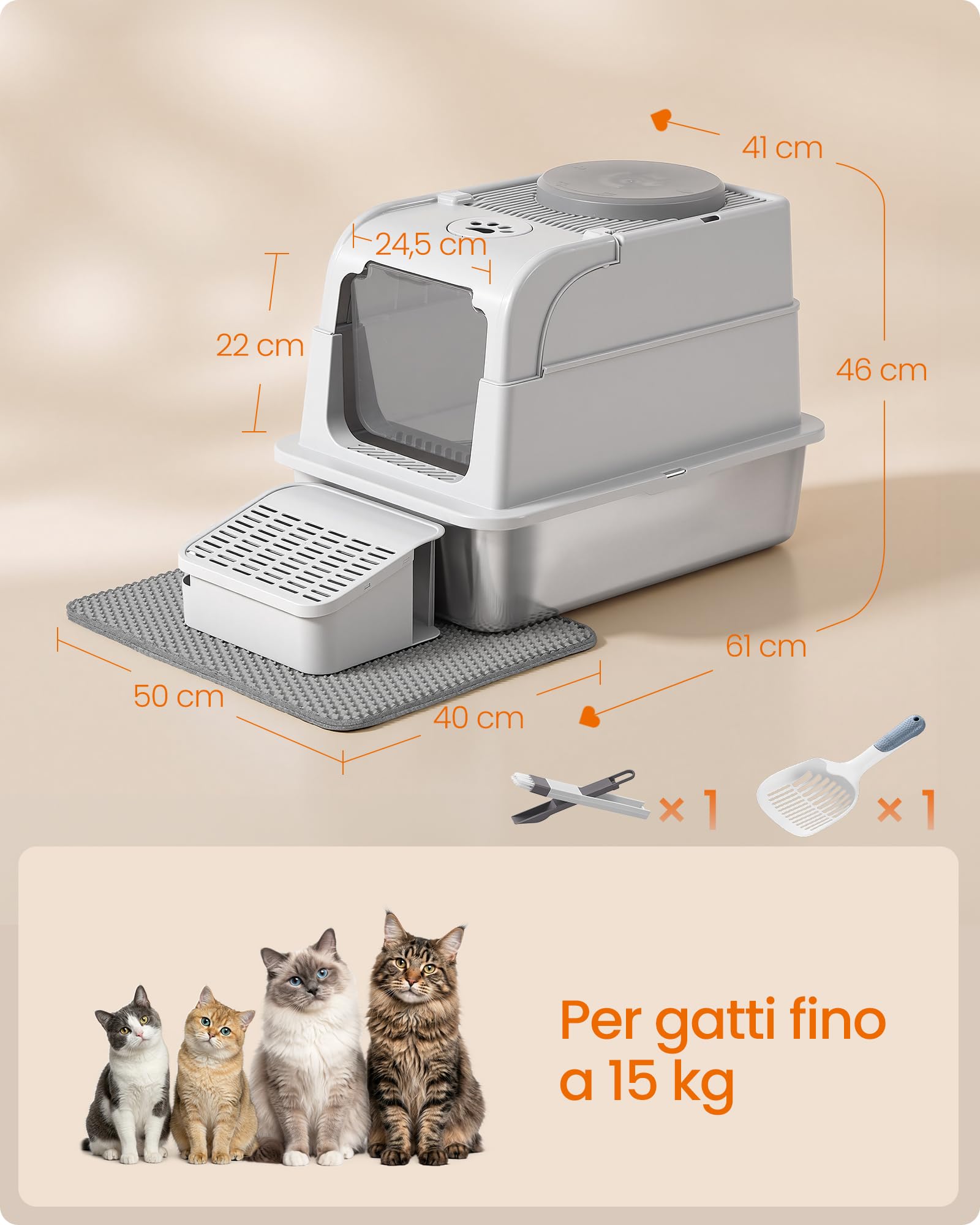Feandrea Lettiera per Gatti in Acciaio Inox con Coperchio, Lettiera Chiusa, 2 Ingressi, Paletta e Spazzola, Toilette per Gatti fino a 15 kg, Grigio Chiaro PPT021G101