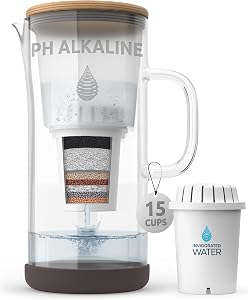 pH Restore Glass Alkaline Water Pitcher - Long Lasting Water Filter Pitcher with Multi-Stage Filtration System - Glass Water Ionizer Jug for High pH, Pure Drinking Water - 3.5 L / 118 Oz - White
