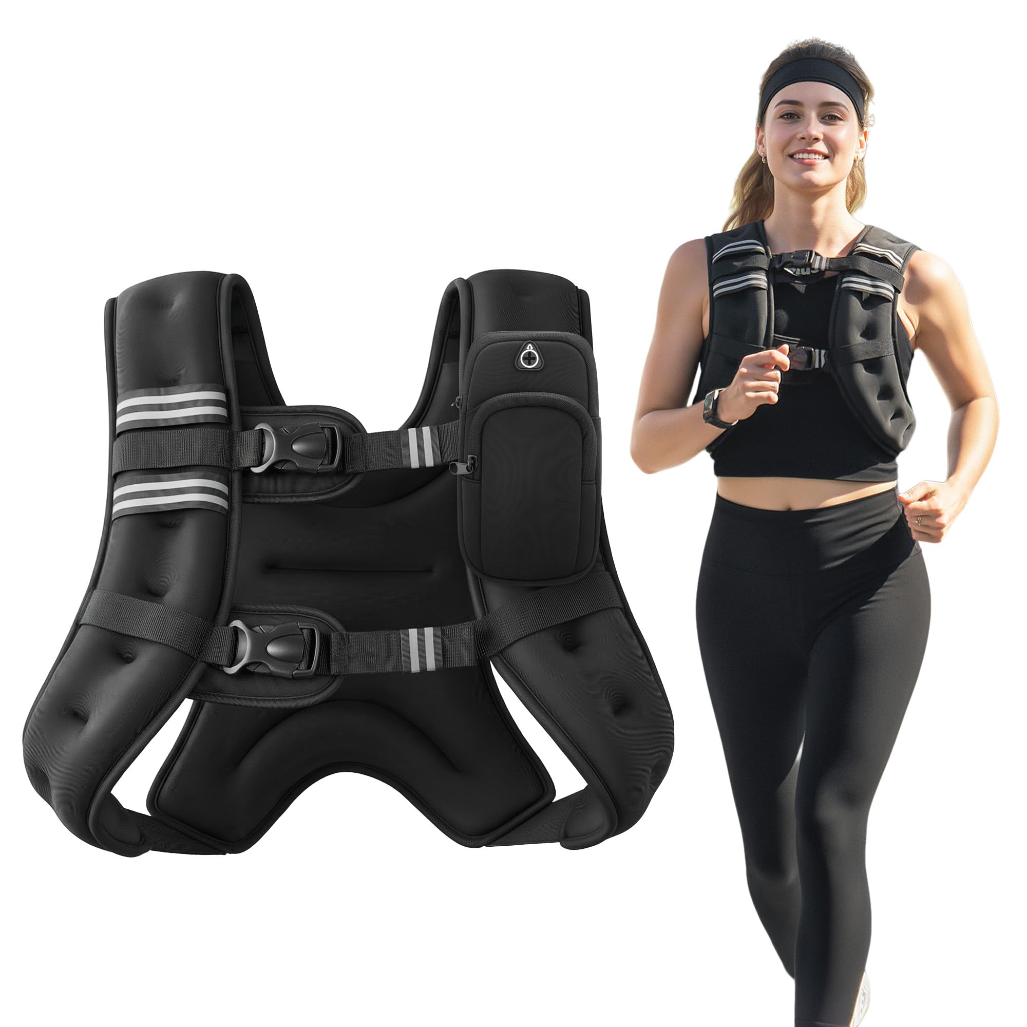 ZELUS Weighted Vest, 7.3kg Weight Vest for Men and Women, Body Weight Vest with Reflective Stripe & Armband Pouch for Home Gym Strength Training Weight Loss Workout, Black