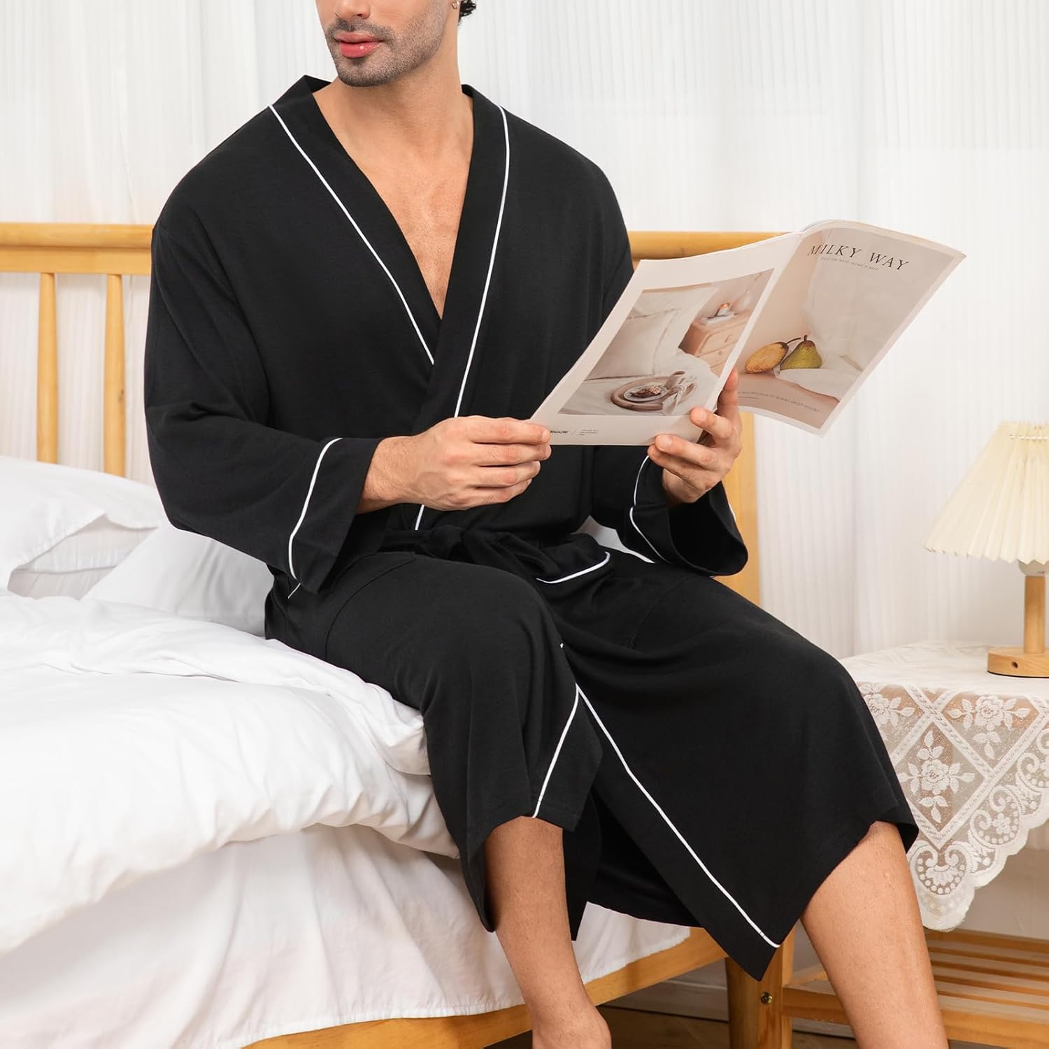 Mens Lightweight Robe Cotton Blend Kimono Bathrobe with Pockets, Soft Breathable Absorbent Loungewear for Home - Image 5