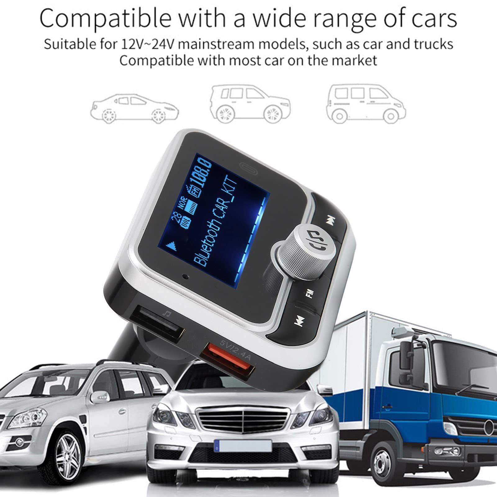 Transmisor FM Bluetooth para Automóvil, Adaptador Inalámbrico Bluetooth Kit de Transmisor de Música para Automóvil con Cargador de Automóvil Manos Libres 2 USB, Múltiples Modos de Reproducción para To